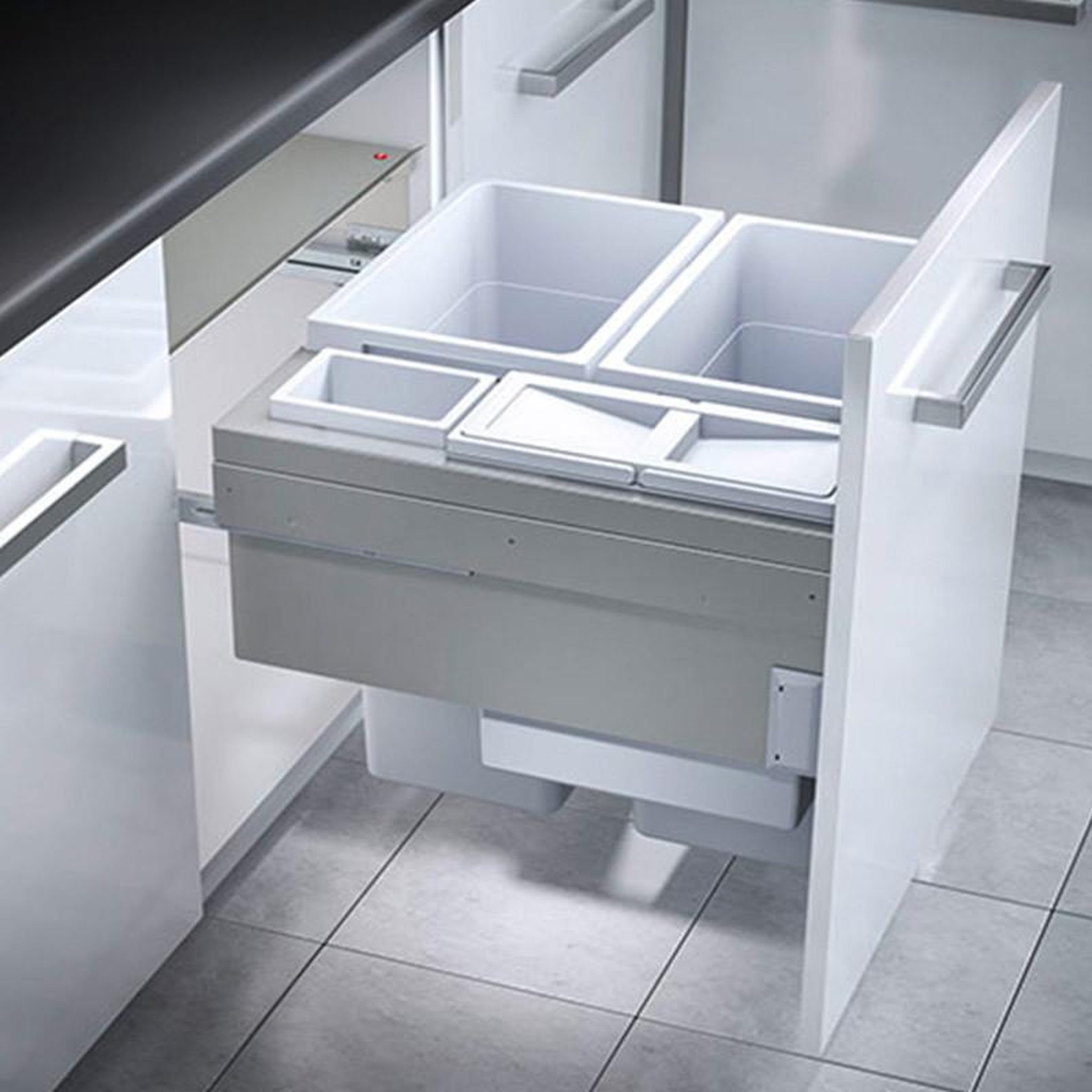 Voir la diapositive 2 : HAILO Poubelle de cuisine tri sélectif 4 bacs encastrable 90l (38+38+12+2.5) hailo euro cargo