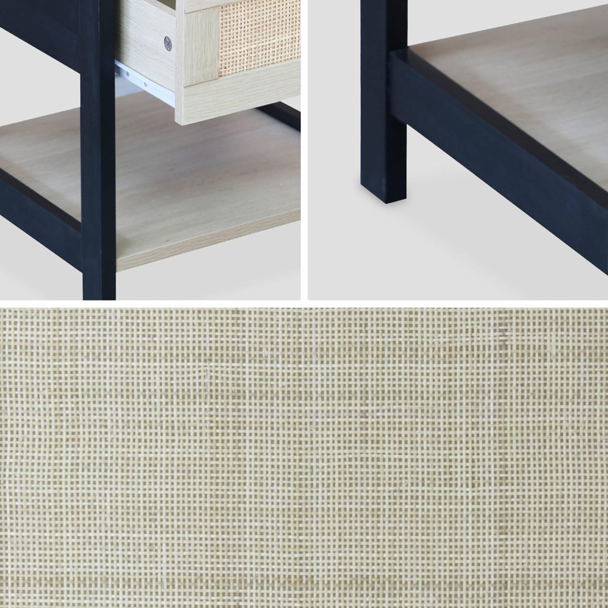 SWEEEK Table de chevet noir et cannage 40 x 40 x 48cm - Bianca - 1 tiroir. 1 étagère