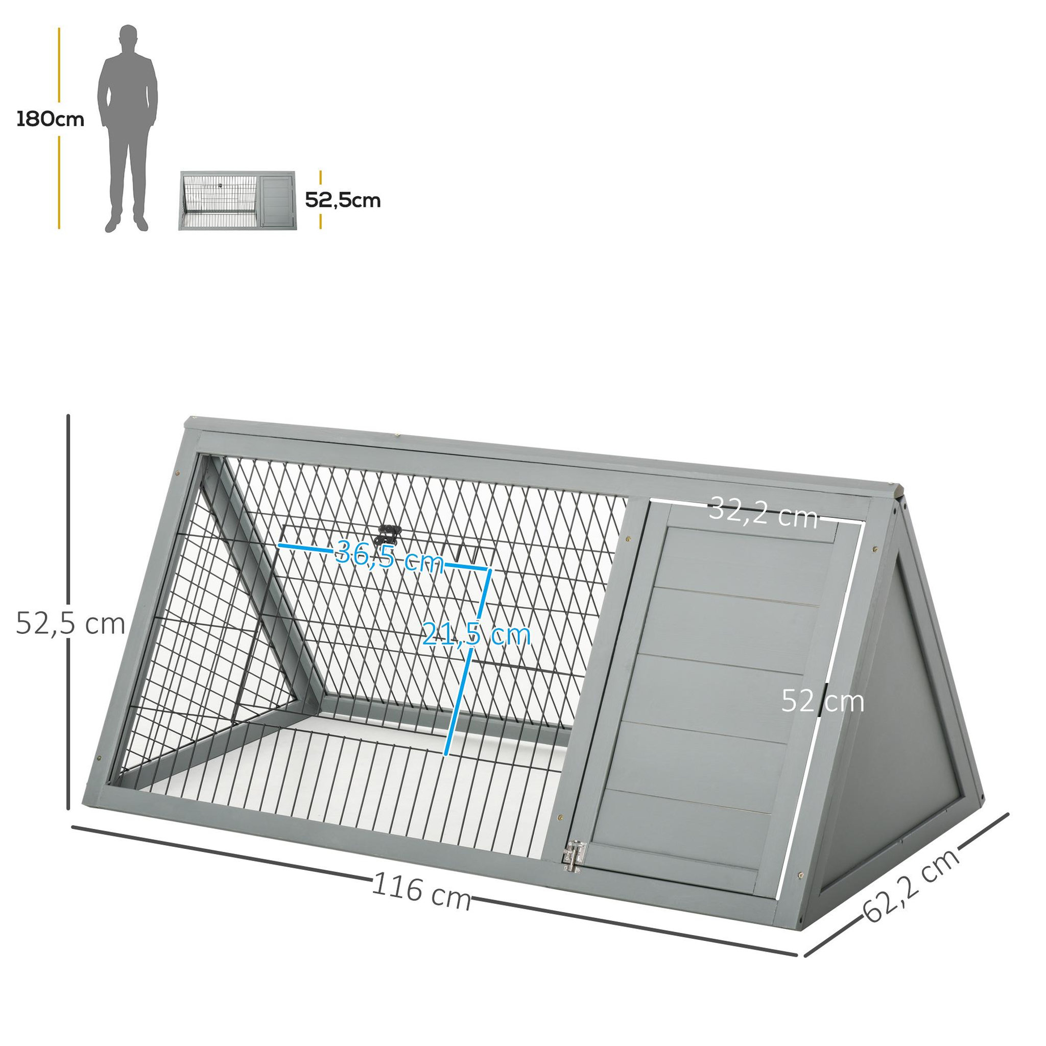 Voir la diapositive 3 : PAWHUT Clapier triangulaire de sol enclos extérieur niche double porte dim. 116l x 62l x 52,5h cm métal bois sapin gris