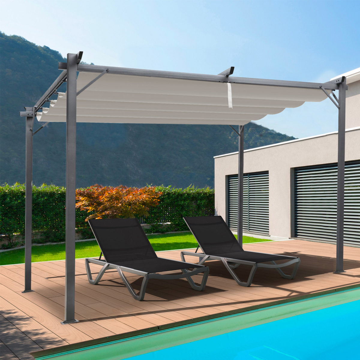ID MARKET Pergola édition spéciale toit rétractable 3x4 M et 4 stores taupe
