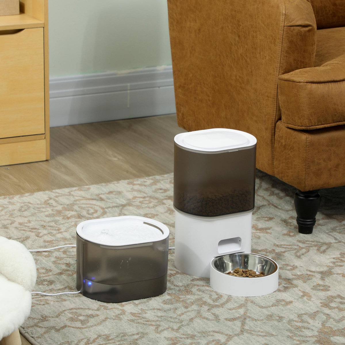 PAWHUT Ensemble distributeur croquettes chat et fontaine à eau blanc