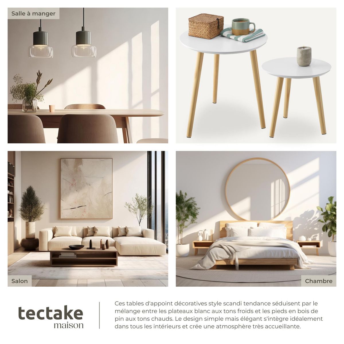 tectake Lot de 2 tables d'appoint style scandinave marron/blanc