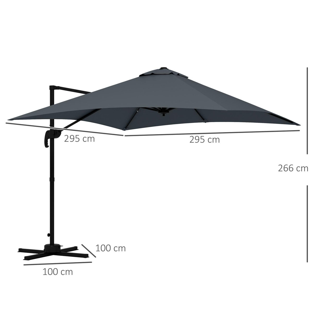 OUTSUNNY Parasol déporté carré inclinable pivotant 360° manivelle piètement acier dim. 2,95L x 2,95l x 2,66H m gris
