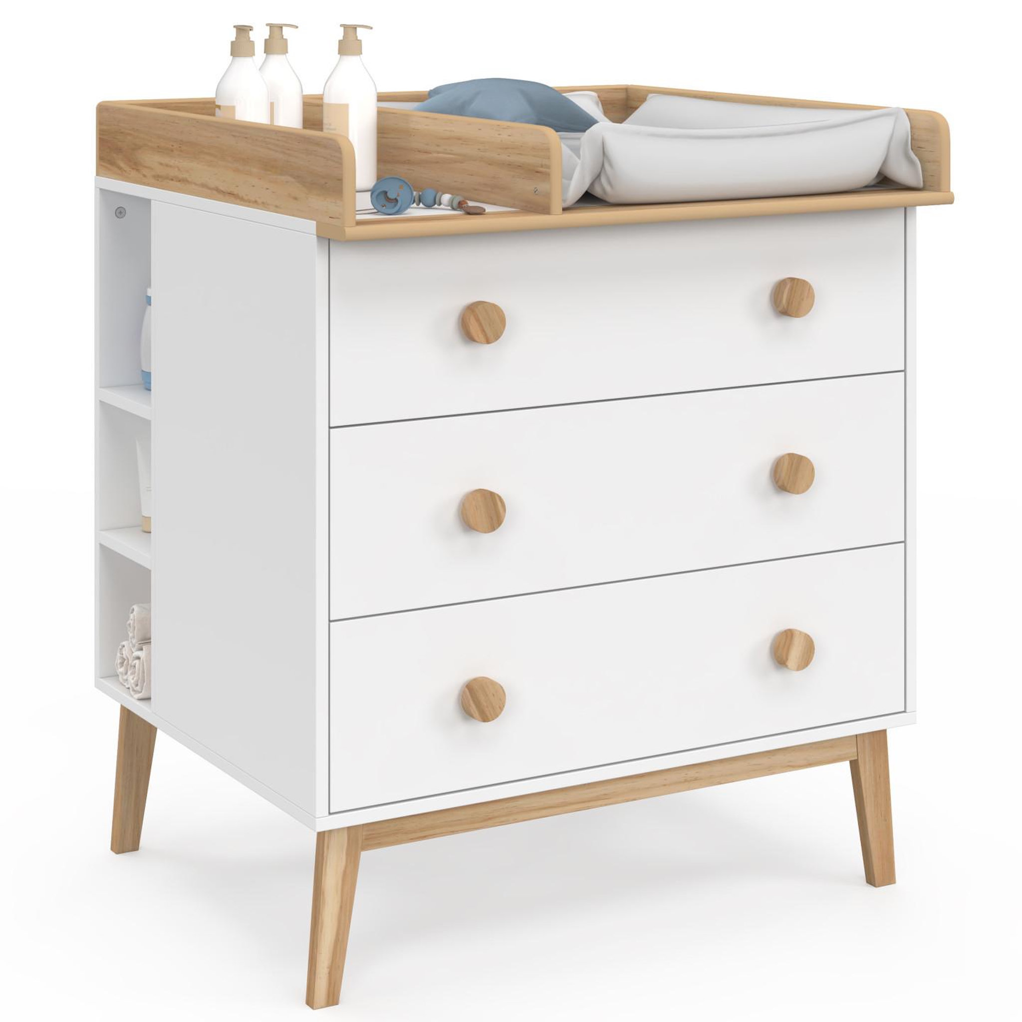 ID MARKET Commode à langer jacob blanc et bois 3 tiroirs, table à langer amovible et 2 étagères