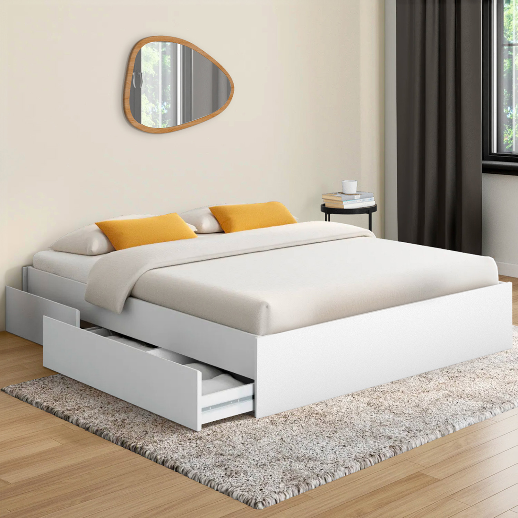 Voir la diapositive 2 : ID MARKET Cadre de lit double tomi 4 tiroirs avec sommier 140 x 190 cm blanc