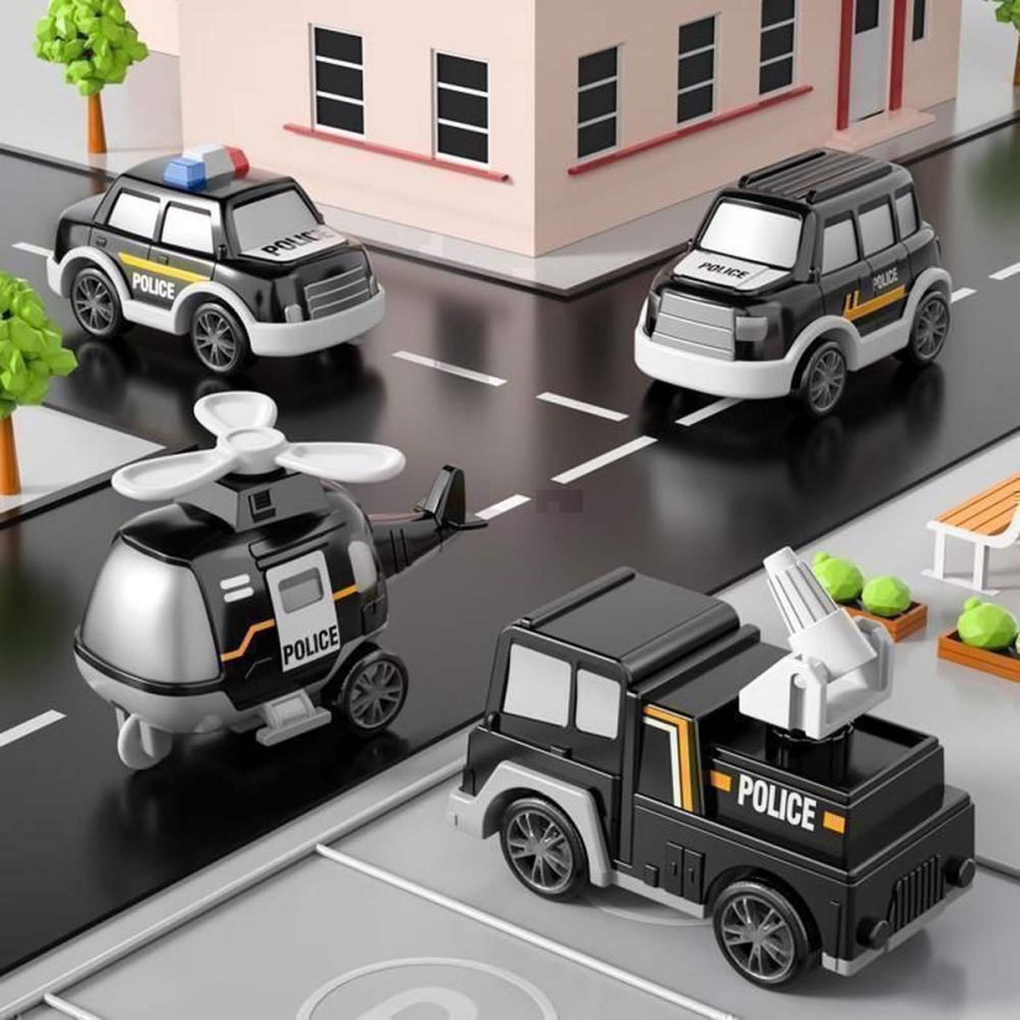 Voir la diapositive 4 : Set 5 véhicules de police : camion porte-voitures, 3 voitures et 1 hélicoptère ABS sans BPA, lumières et musique, noir, dès 3 ans