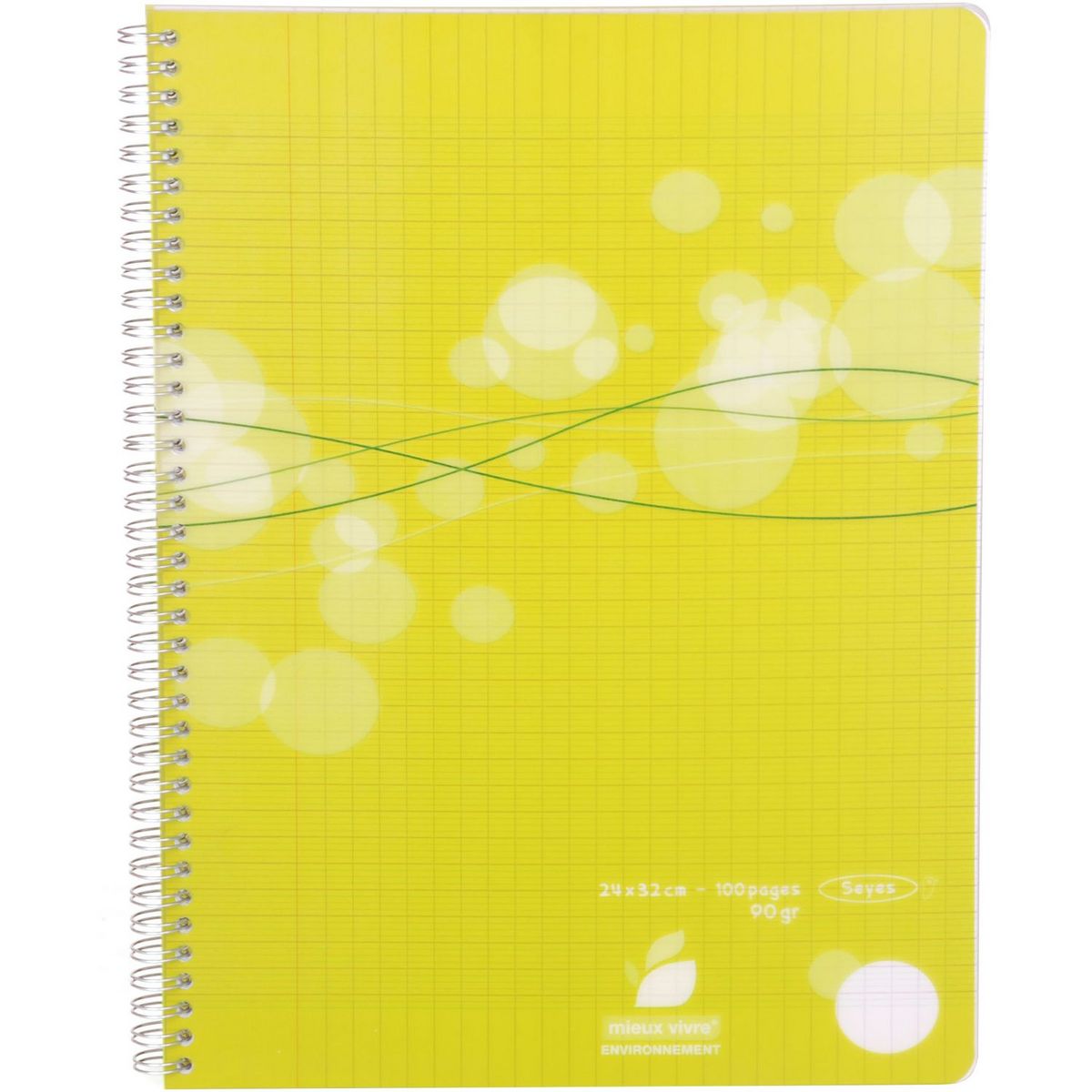 AUCHAN Cahier polypro 24x32cm 100 pages grands carreaux Seyes à spirale vert motif ronds
