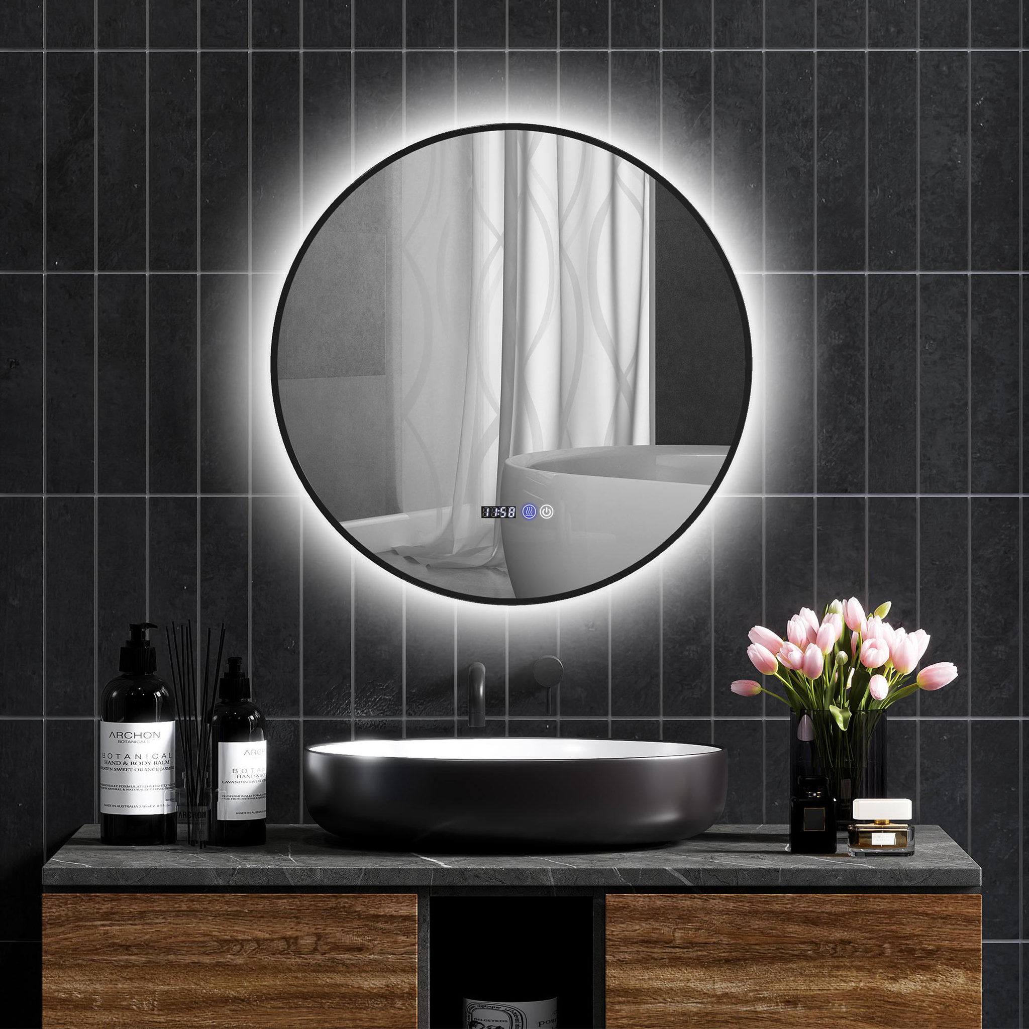 Voir la diapositive 4 : HOMCOM Miroir led rond salle de bain ø 70 cm - luminosité réglable, fonction anti-buée, tactile, affichage heure-température - métal noir