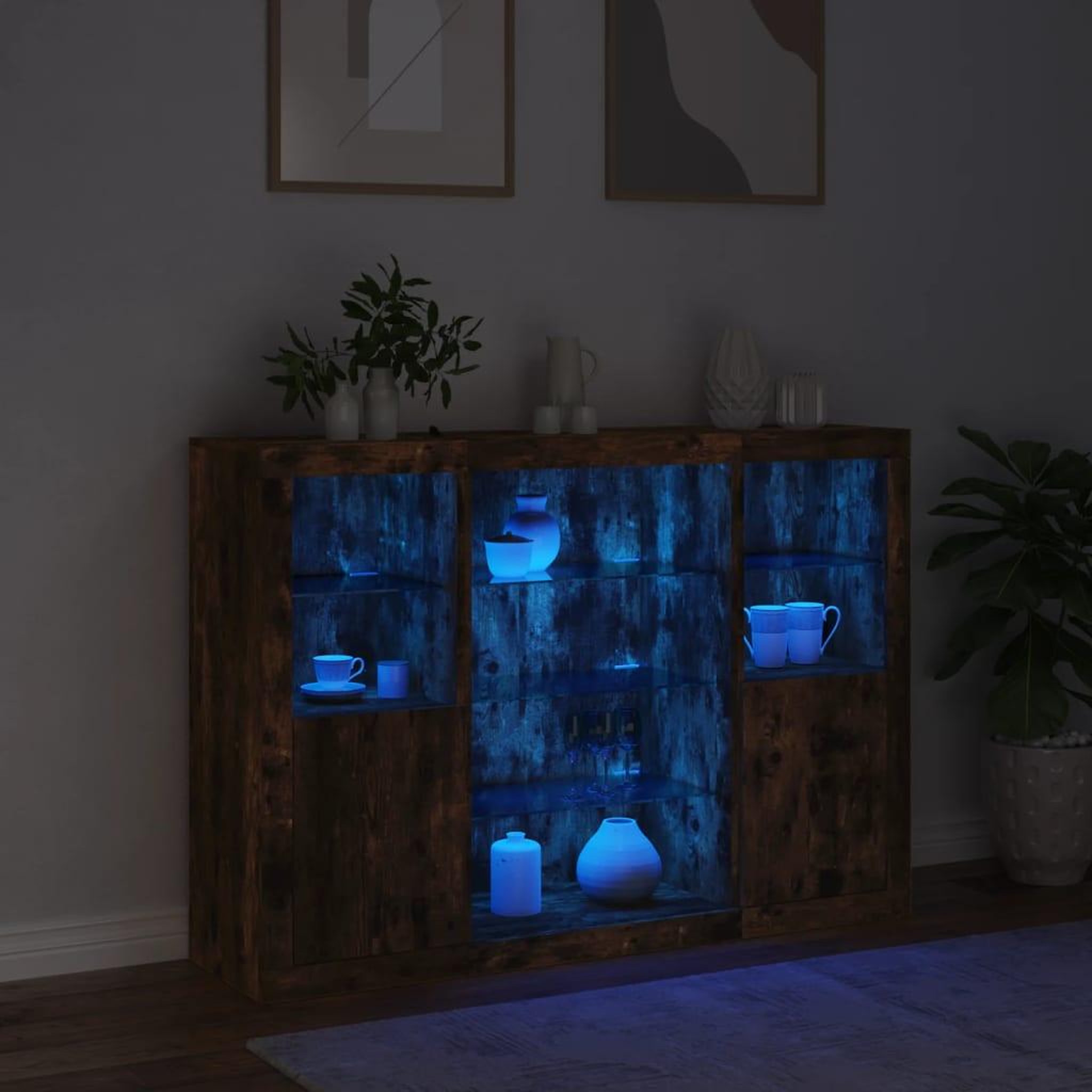 Voir la diapositive 3 : VIDAXL Buffets avec lumieres LED 3 pcs chene fume bois d'ingenierie