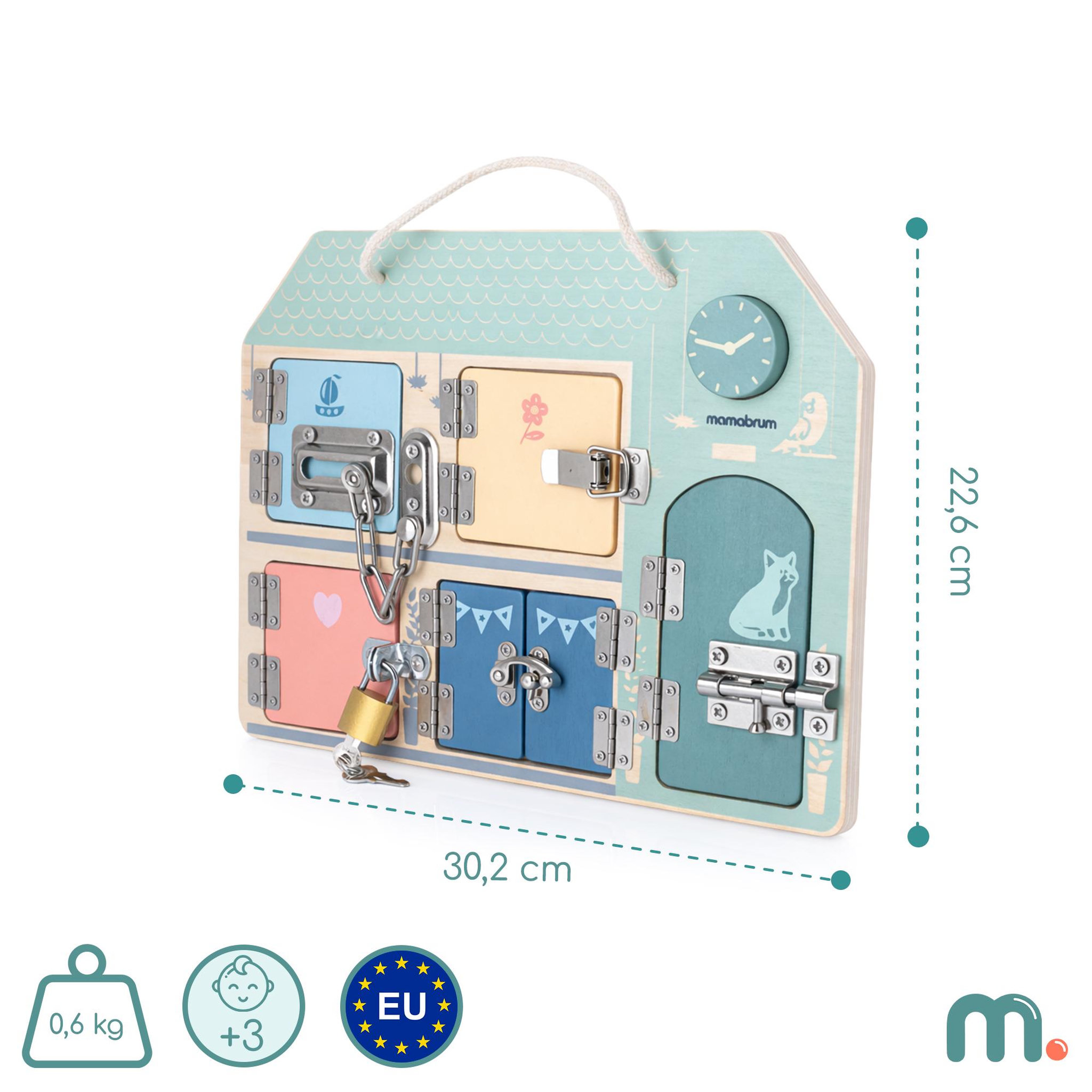Voir la diapositive 3 : MAMABRUM Tableau Manipulation Bois Mamabrum Planche Verrous Maison 30x22 cm 3 Ans