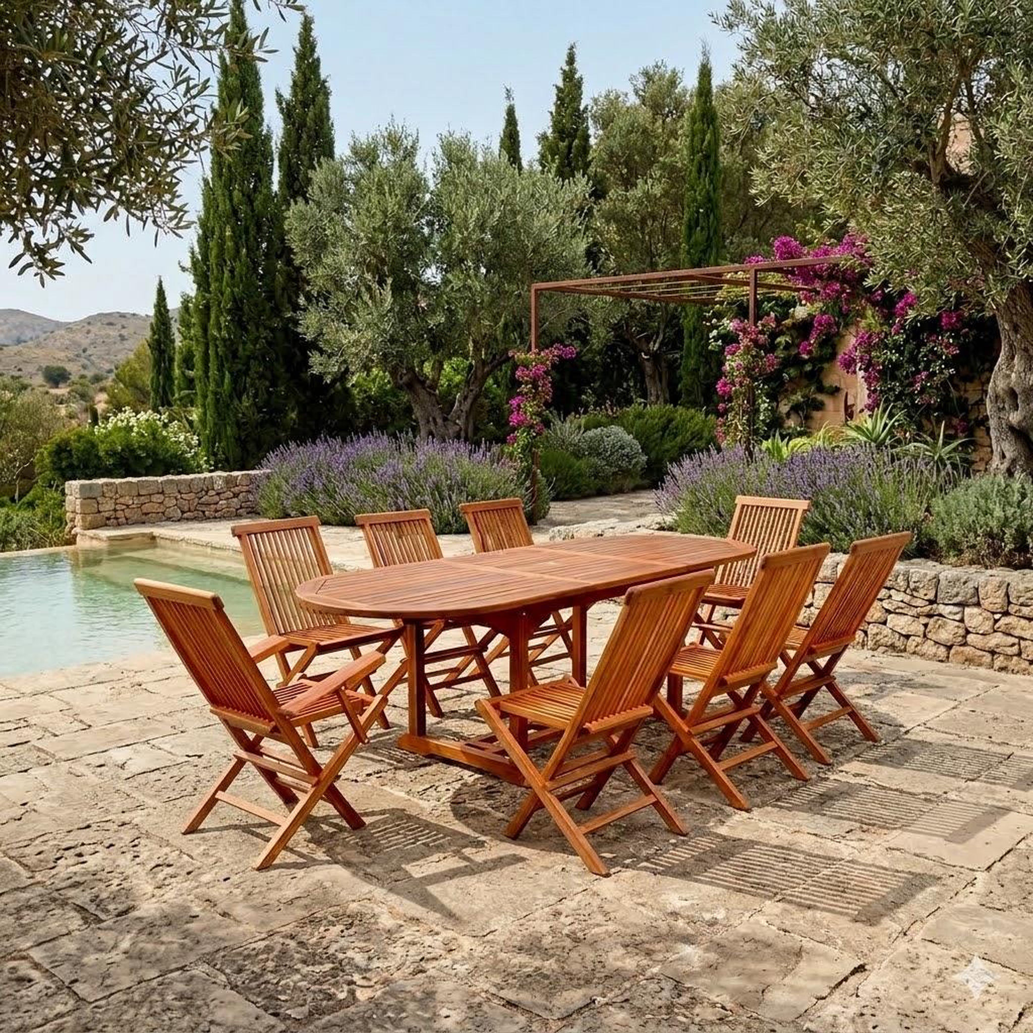 Voir la diapositive 2 : CONCEPT USINE Table de jardin ovale 6 chaises et 2 fauteuils en teck huilé lubok