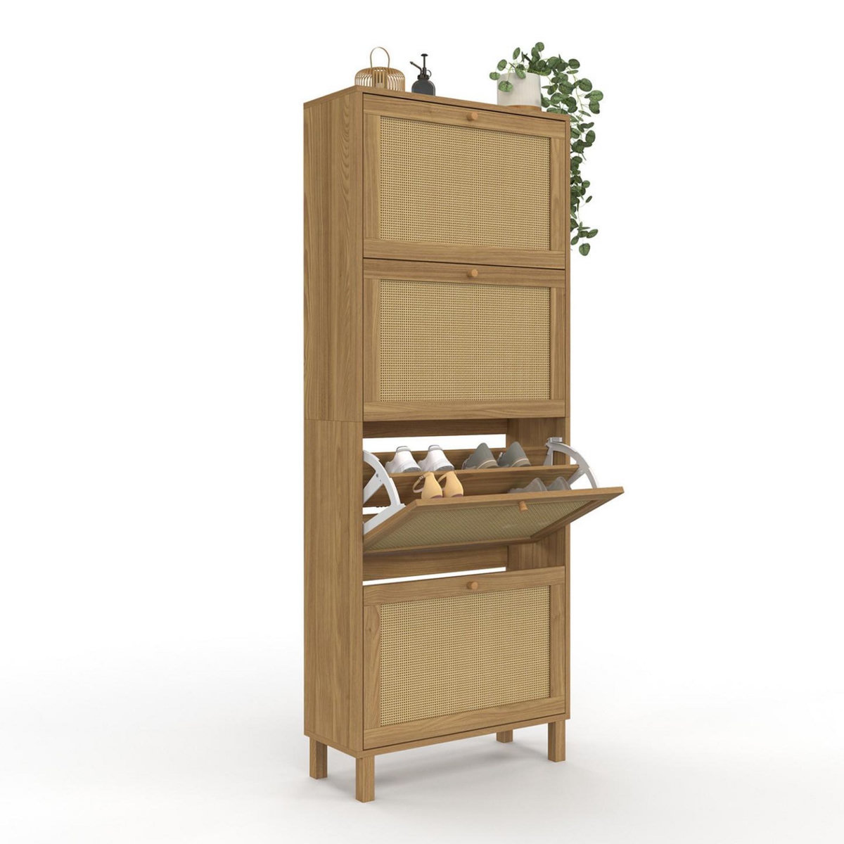 ID MARKET Meuble à chaussures 24 paires HANAE 4 portes effet naturel cannage