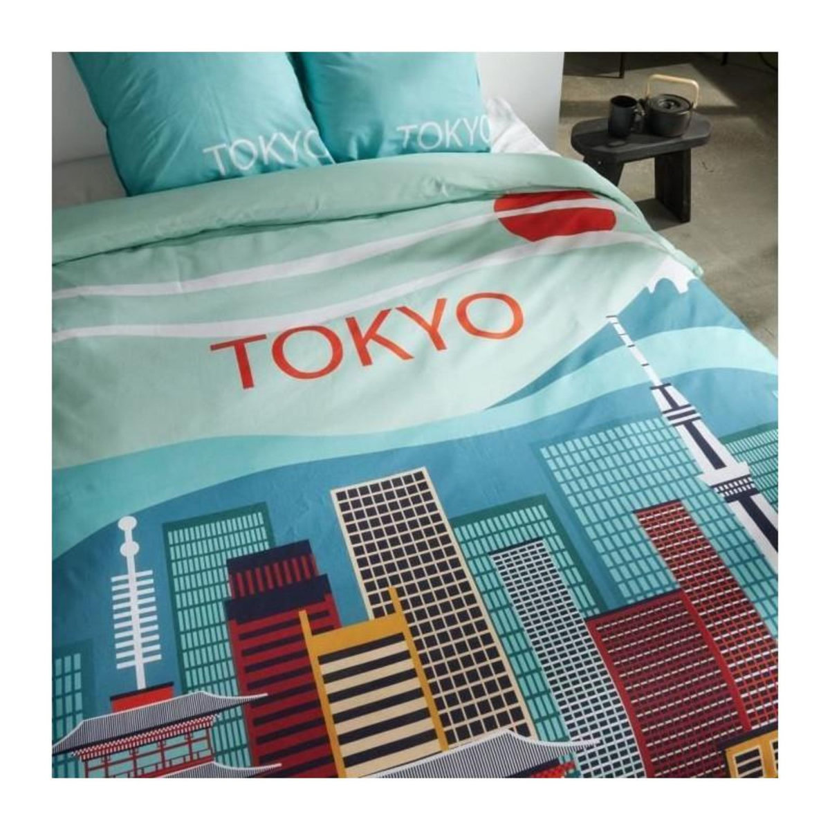 Today Parure de lit - TODAY - JAVA - 2 personnes - 240x220 cm - Coton - Imprimé Tokyo - Bleu