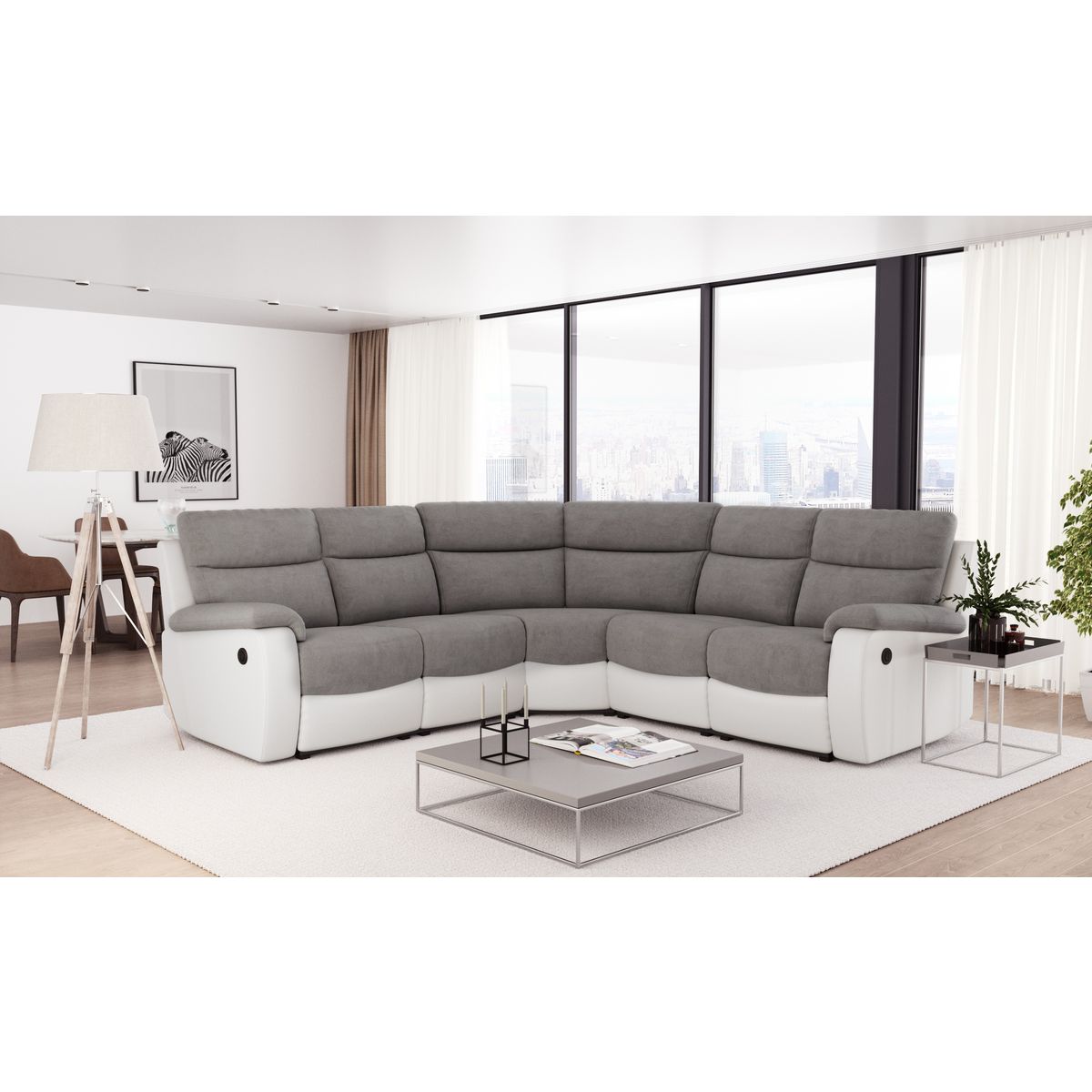 Canapé d'angle relax électrique tissu simili 6 places HELENA
