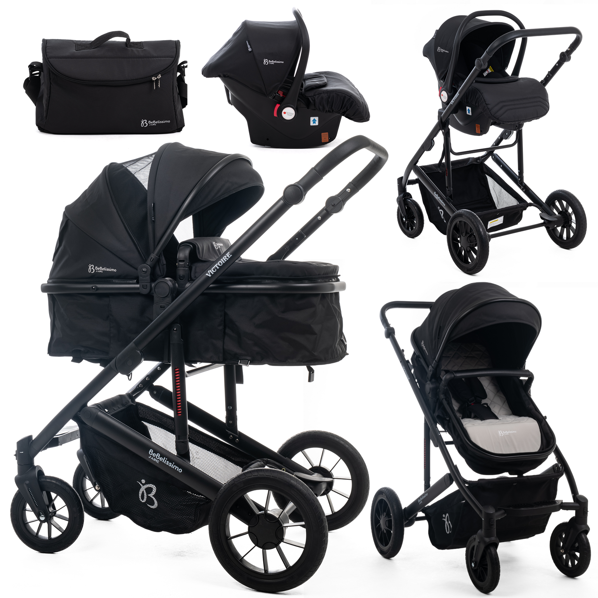 BEBELISSIMO BEBELISSIMO - Poussette combinée trio 3 en 1 - siège auto 0m – landau  – dès la naissance – jusqu'à 22kg – Victoire I-Size - All Black