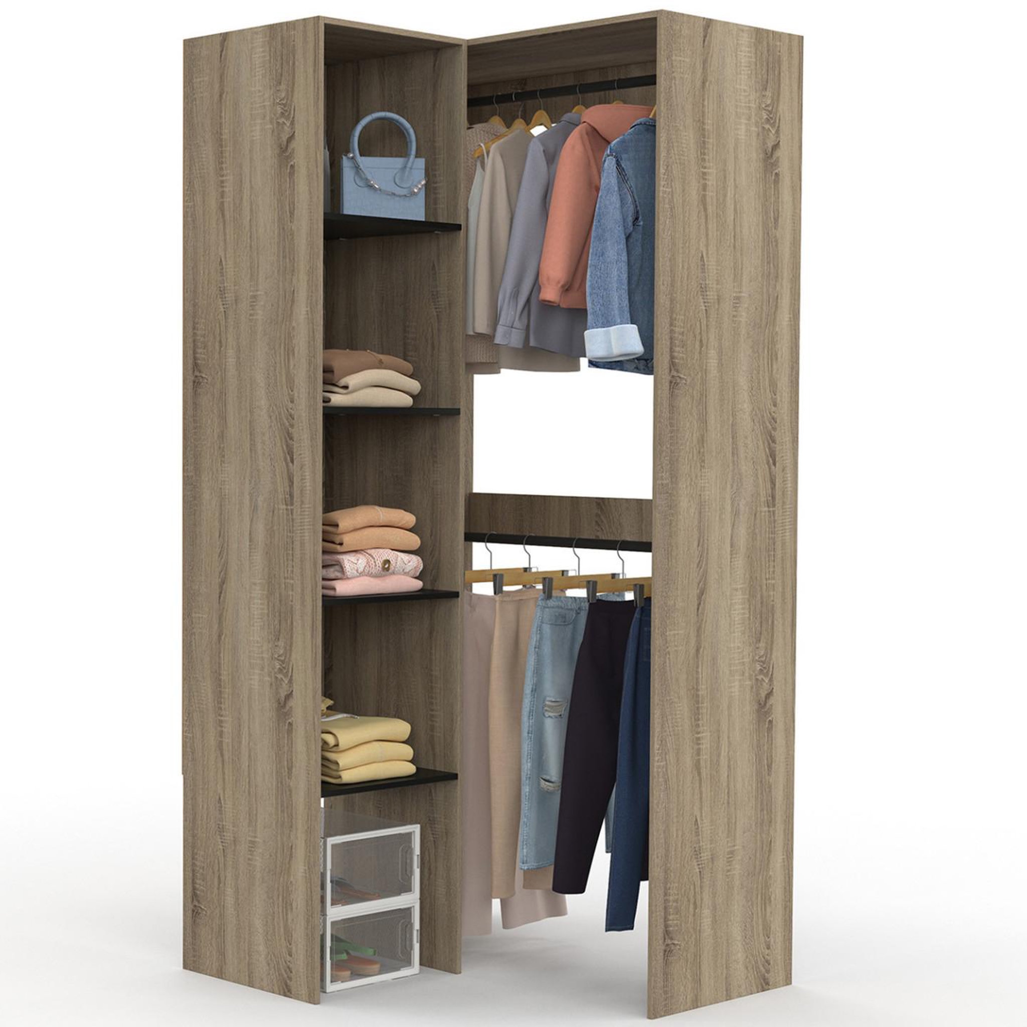 ID MARKET Dressing d'angle modulable l. 90 / 127 cm melman double penderie + étagères bois et noir