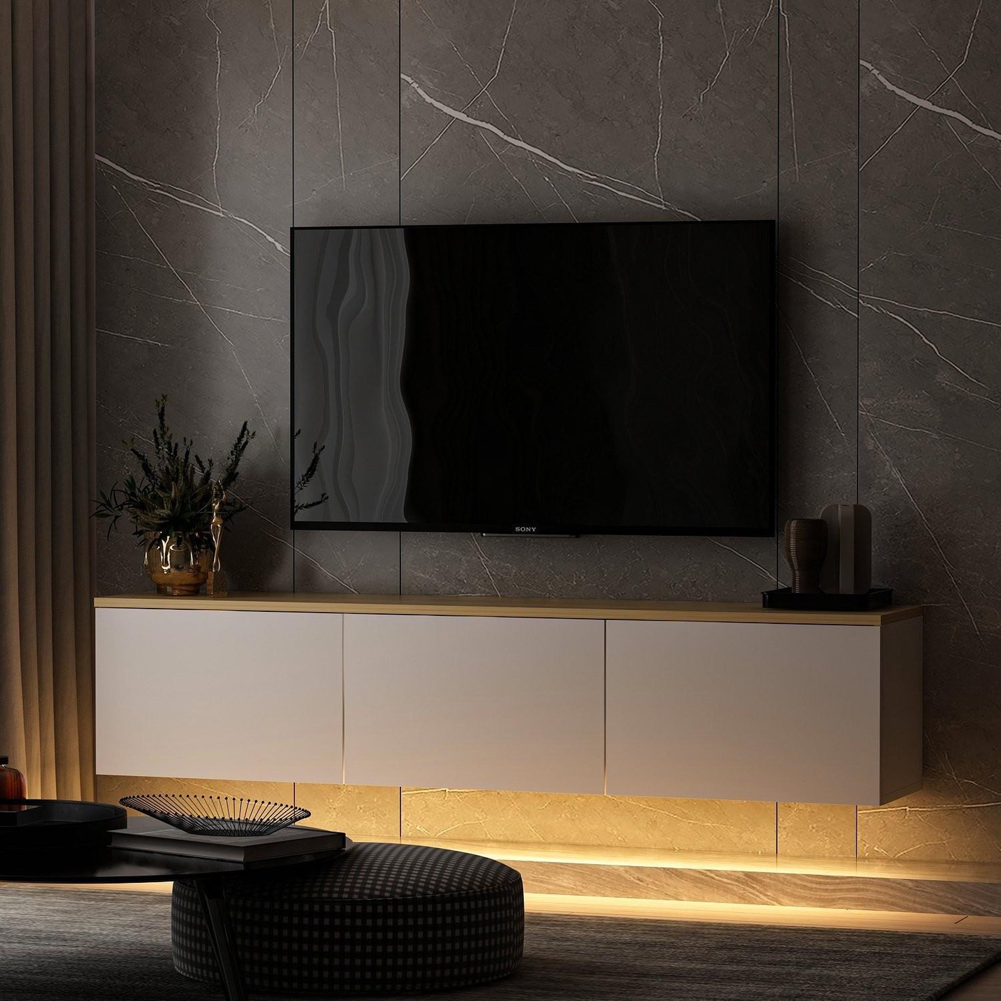 Voir la diapositive 2 : Habitat et Jardin Meuble tv suspendu en bois avec éclairage led  neon  - 160 x 32 x 35 cm - blanc