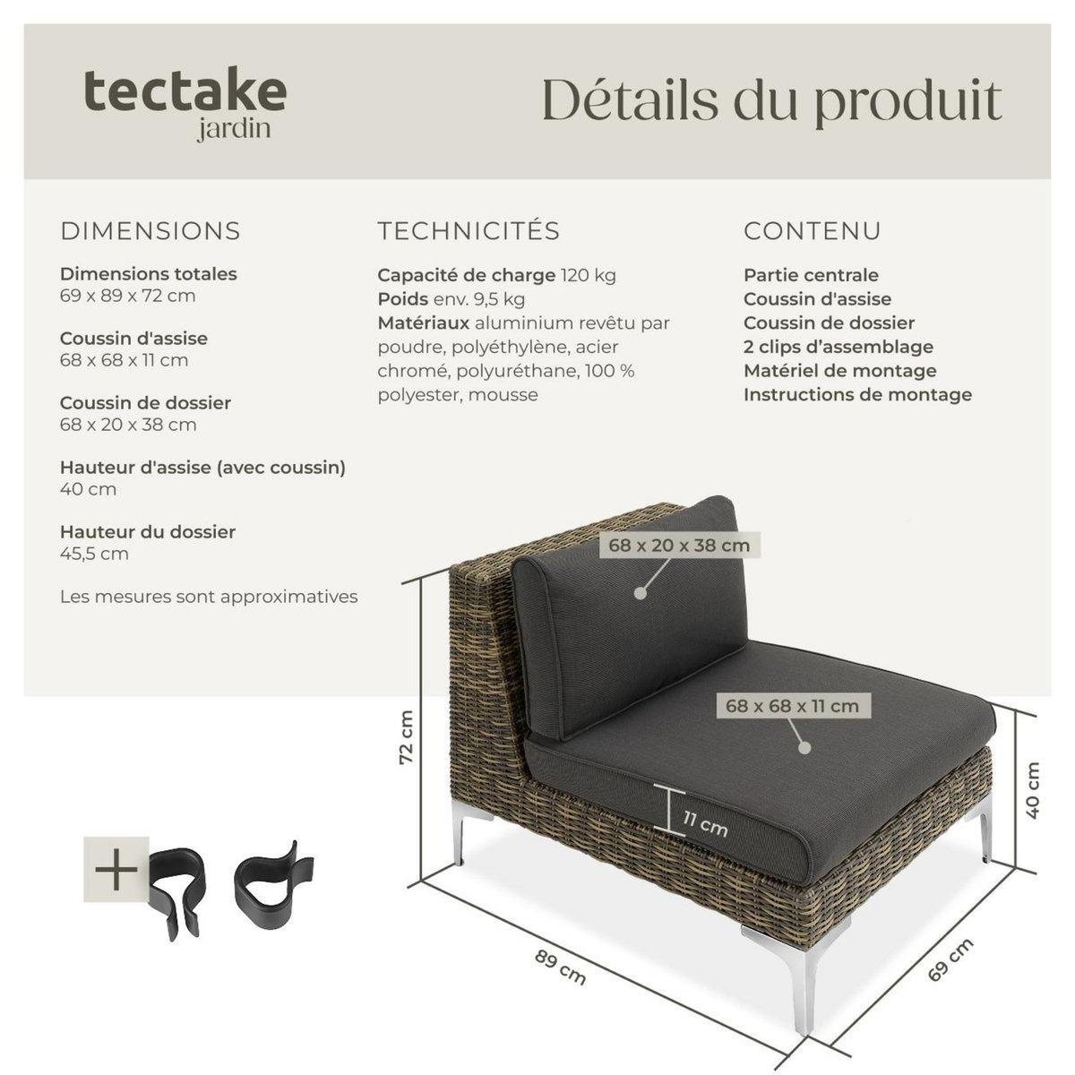 tectake Ensemble modulable en rotin partie centrale élément central structure en aluminium gris anthracite chiné