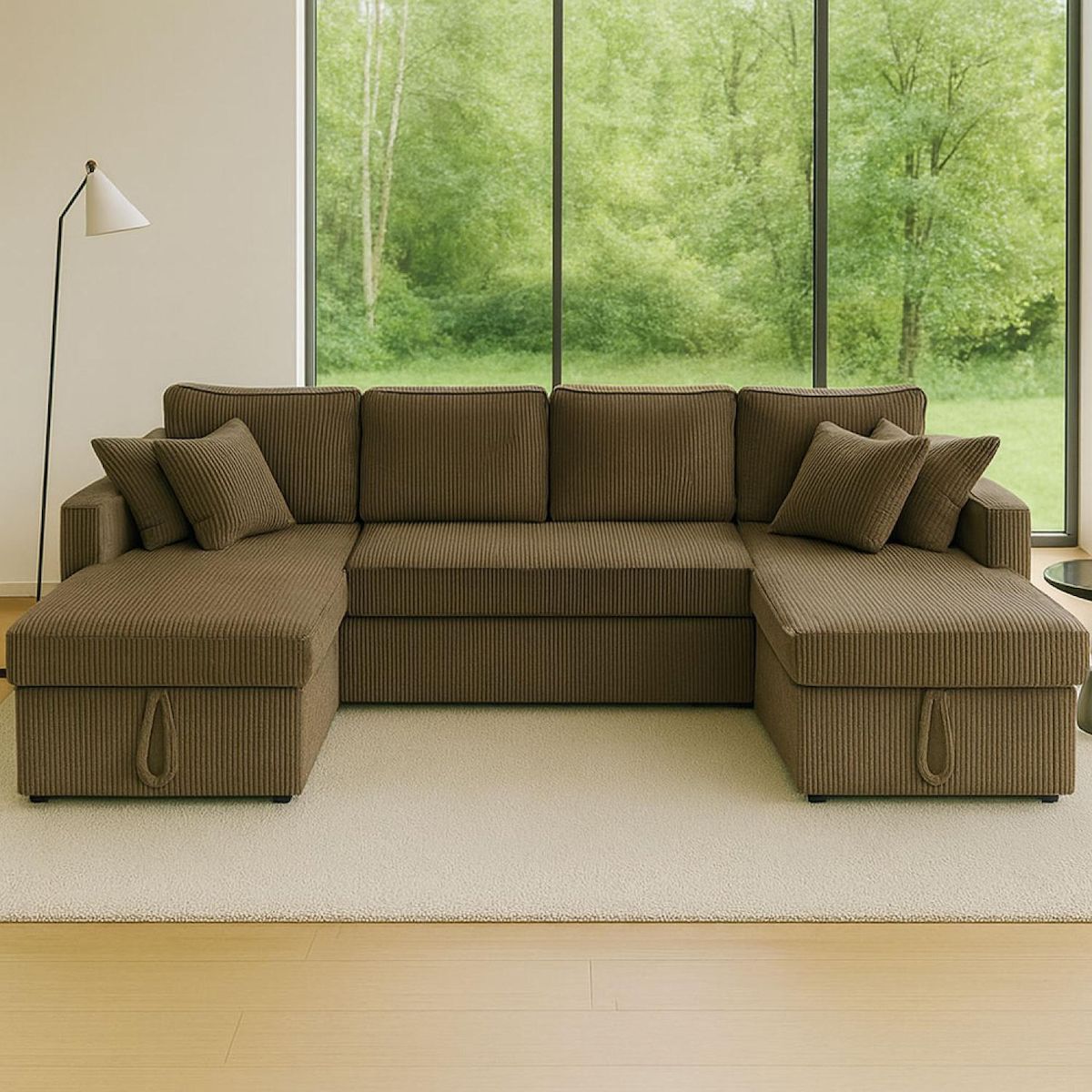 CONCEPT USINE Canapé panoramique convertible avec coffres 4 places en velours côtelé vert MAHÉ