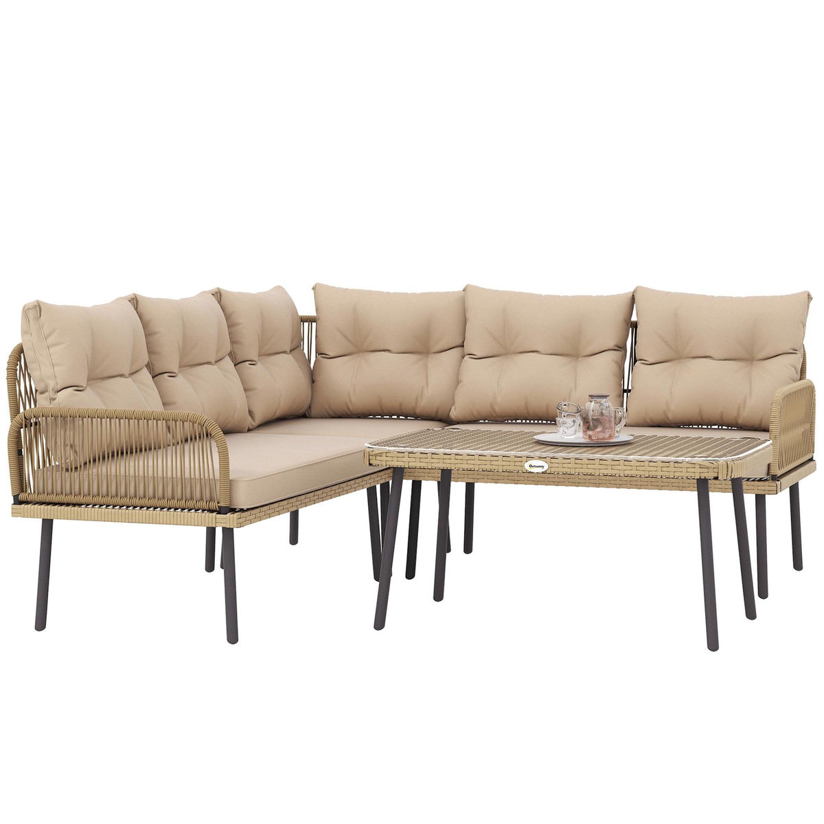 OUTSUNNY Ensemble salon de jardin d'angle 5 places avec table basse et coussins beige résine tressée effet rotin