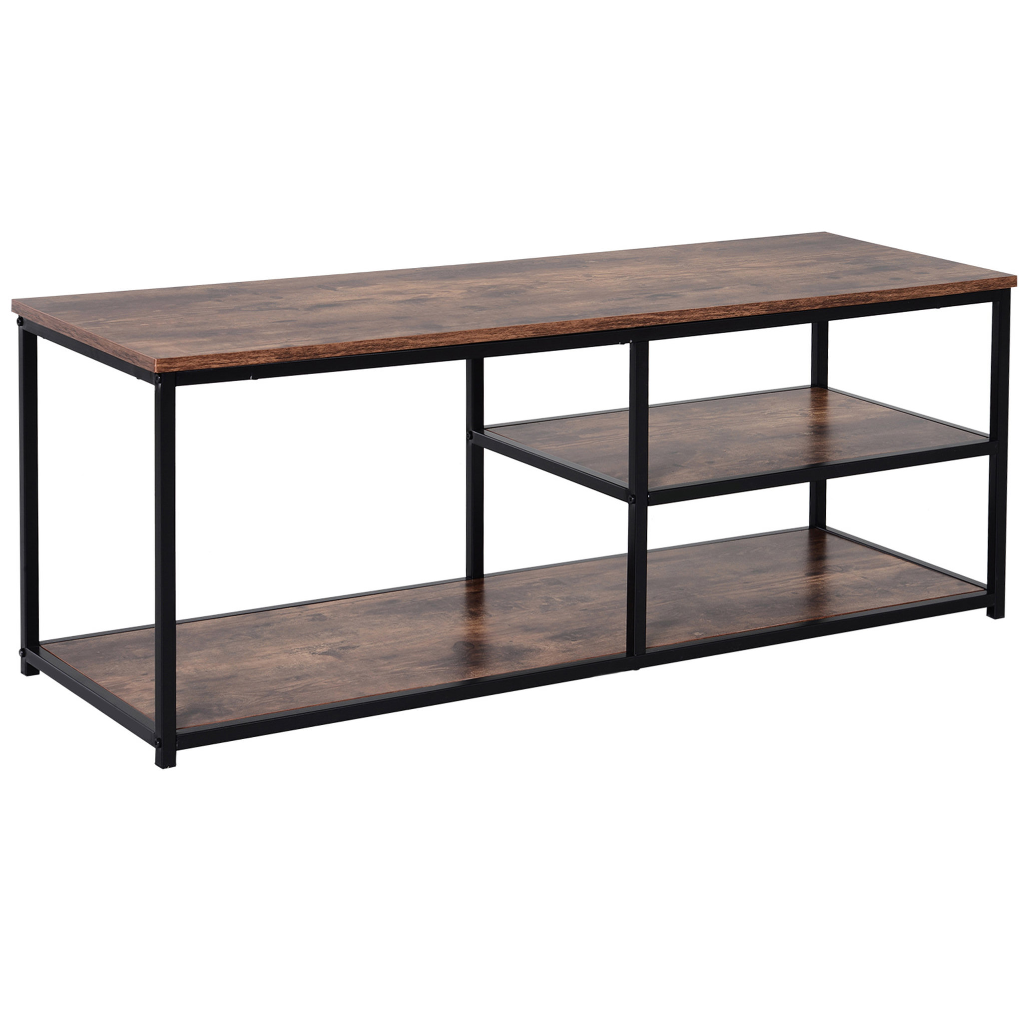 Voir la diapositive 1 : HOMCOM Meuble TV design industriel dim. 120L x 40l x 45H cm grand plateau 2 étagères panneaux particules coloris boisé métal noir