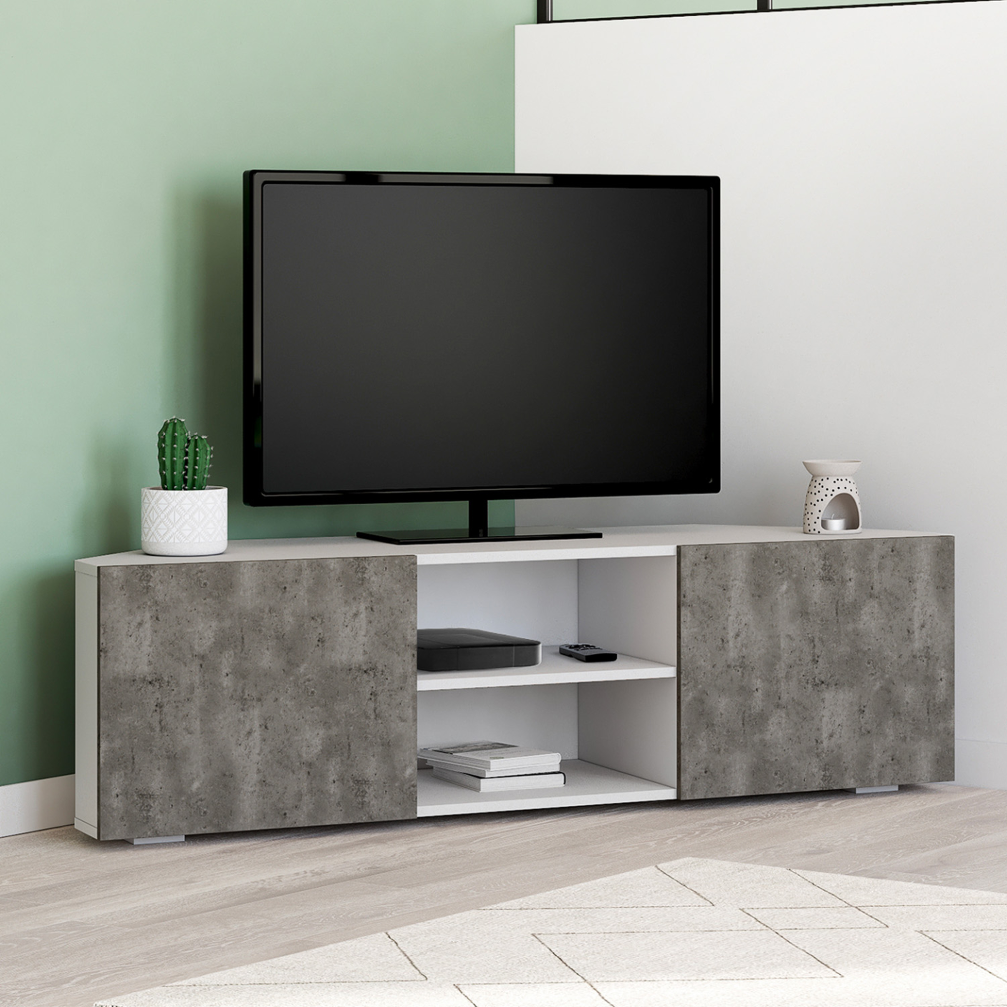 Voir la diapositive 2 : ID MARKET Meuble tv 110 cm d'angle eli blanc portes effet béton