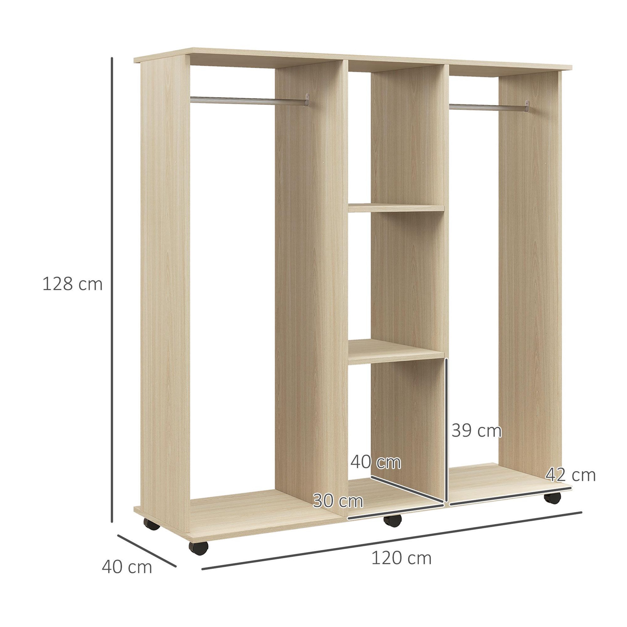 Voir la diapositive 3 : HOMCOM Armoire penderie meuble de rangement mobile 6 roulettes 120L x 40l x 128H cm panneaux de particules aspect bois chêne