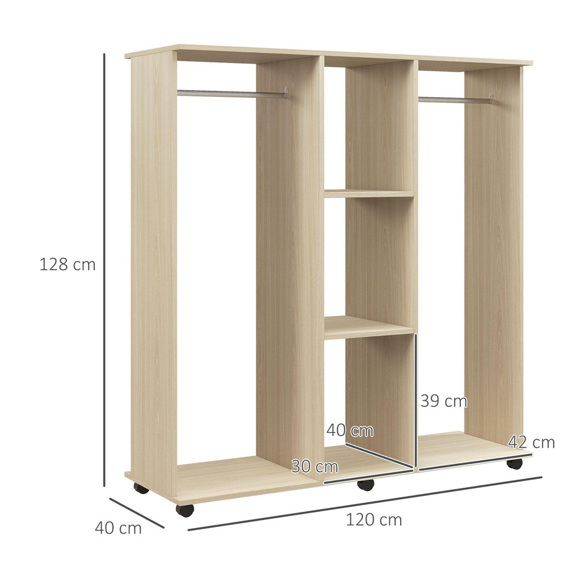 HOMCOM Armoire penderie meuble de rangement mobile 6 roulettes 120L x 40l x 128H cm panneaux de particules aspect bois chêne