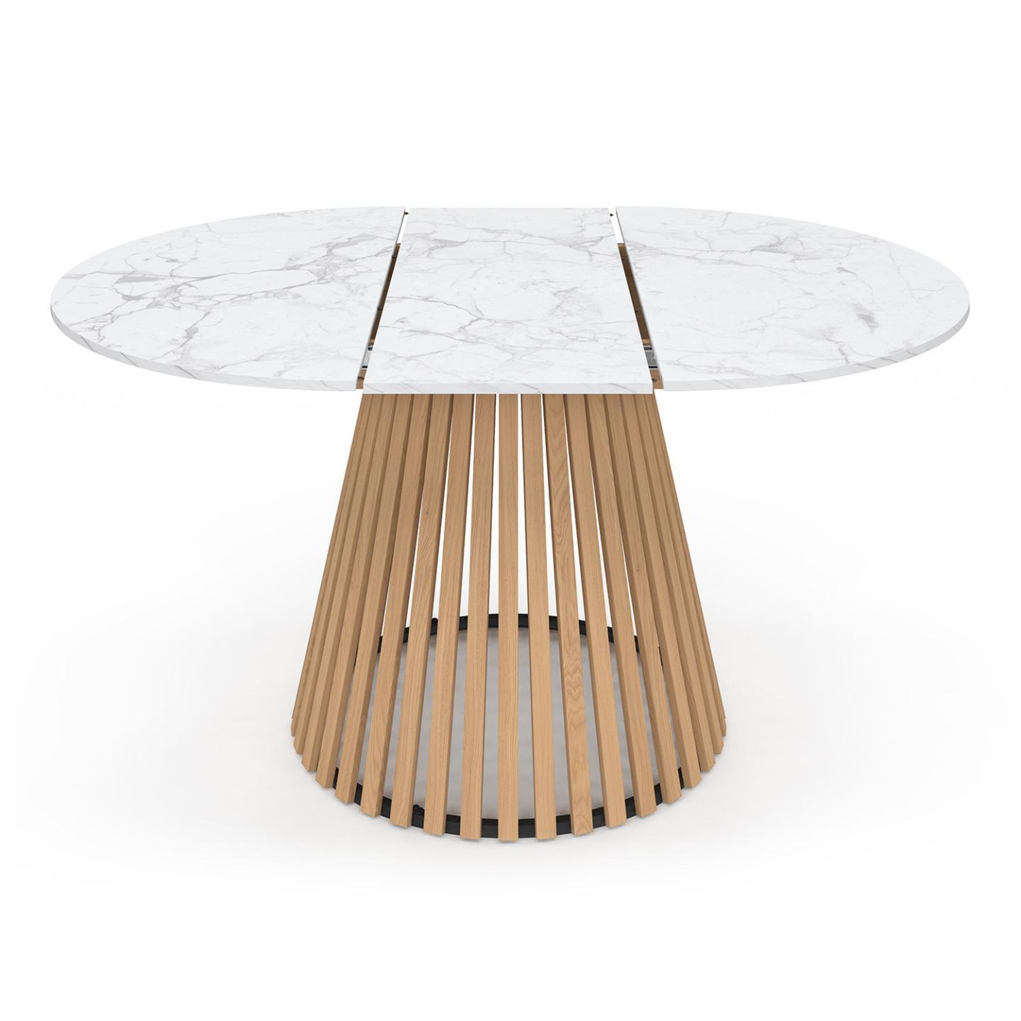 Voir la diapositive 3 : ID MARKET Table à manger extensible ronde carmen 4-8 personnes pied bois en lattes et plateau marbre blanc alaska 110 - 150 cm