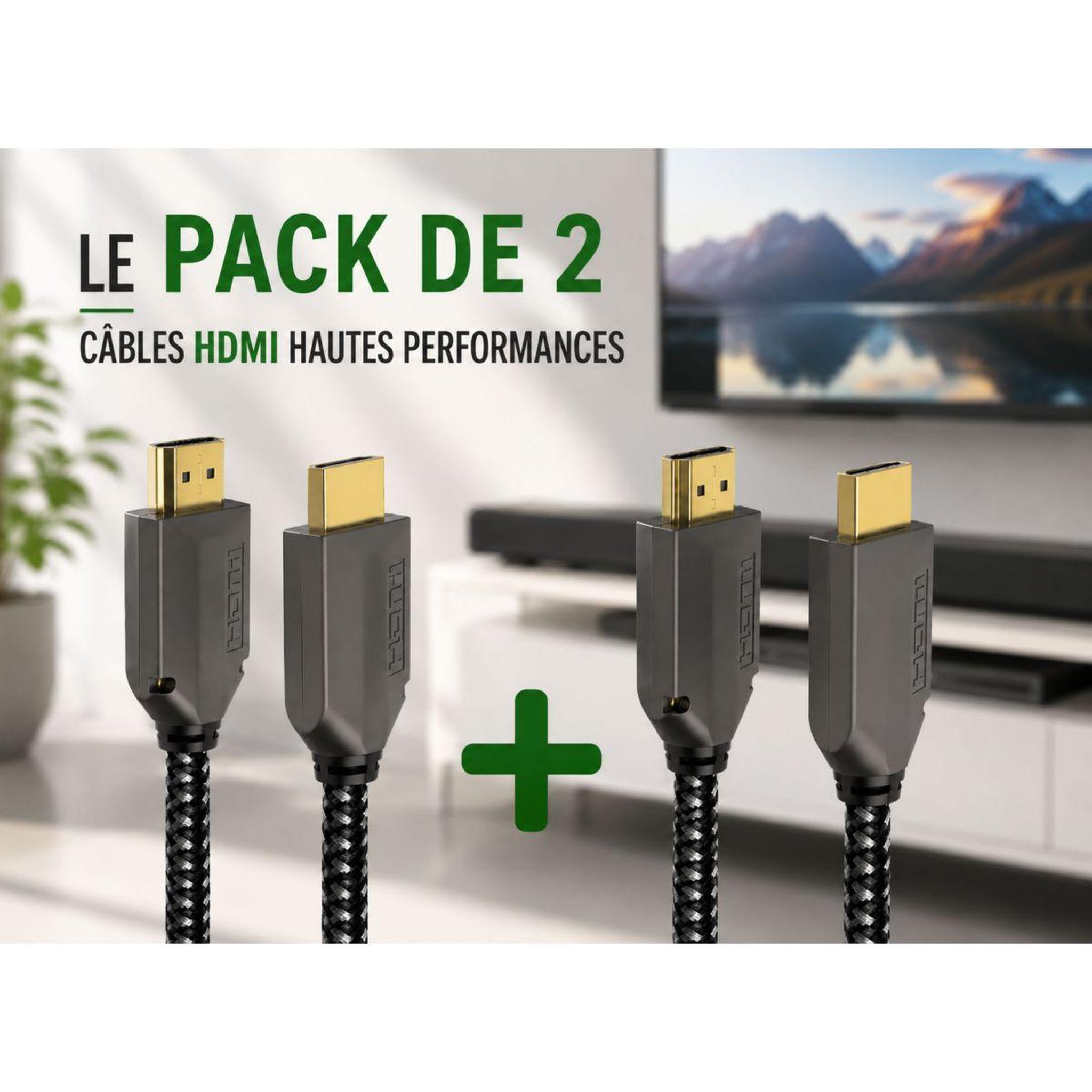 Voir la diapositive 2 : ADEQWAT Câble HDMI x2 HDMI 2.1 droit noir 1M5