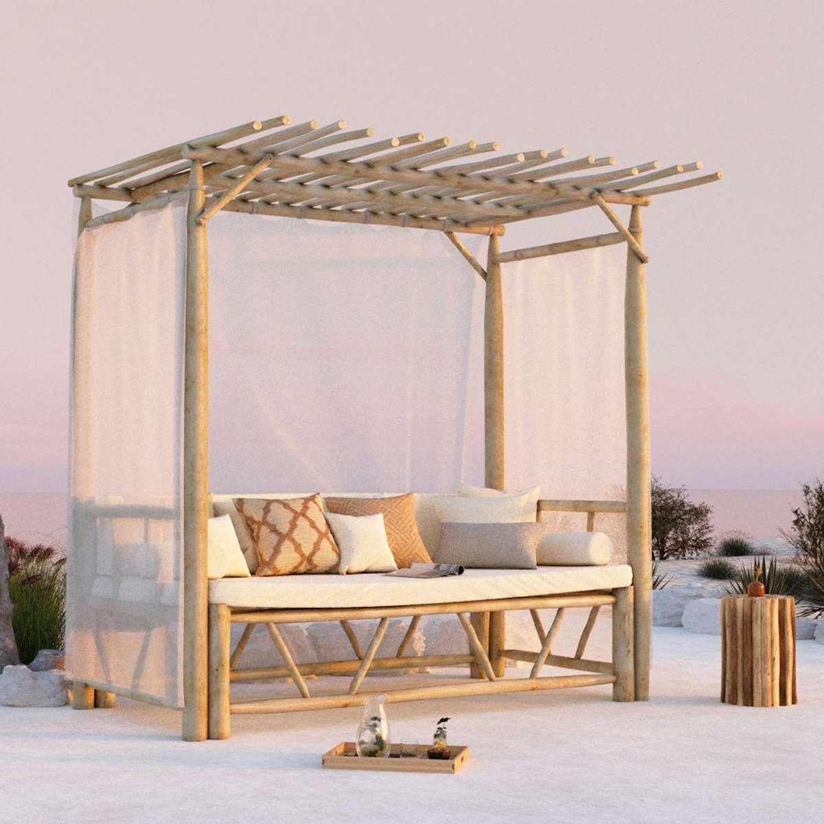Rendez vous déco Lit à baldaquin d'extérieur en branche de teck et toile-Tika