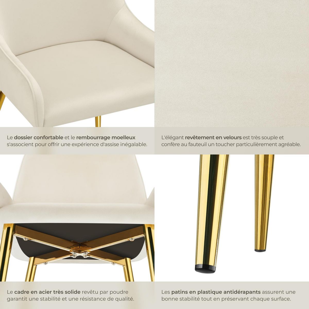 tectake Chaise rembourrée en velours rembourré beige Lot de 6