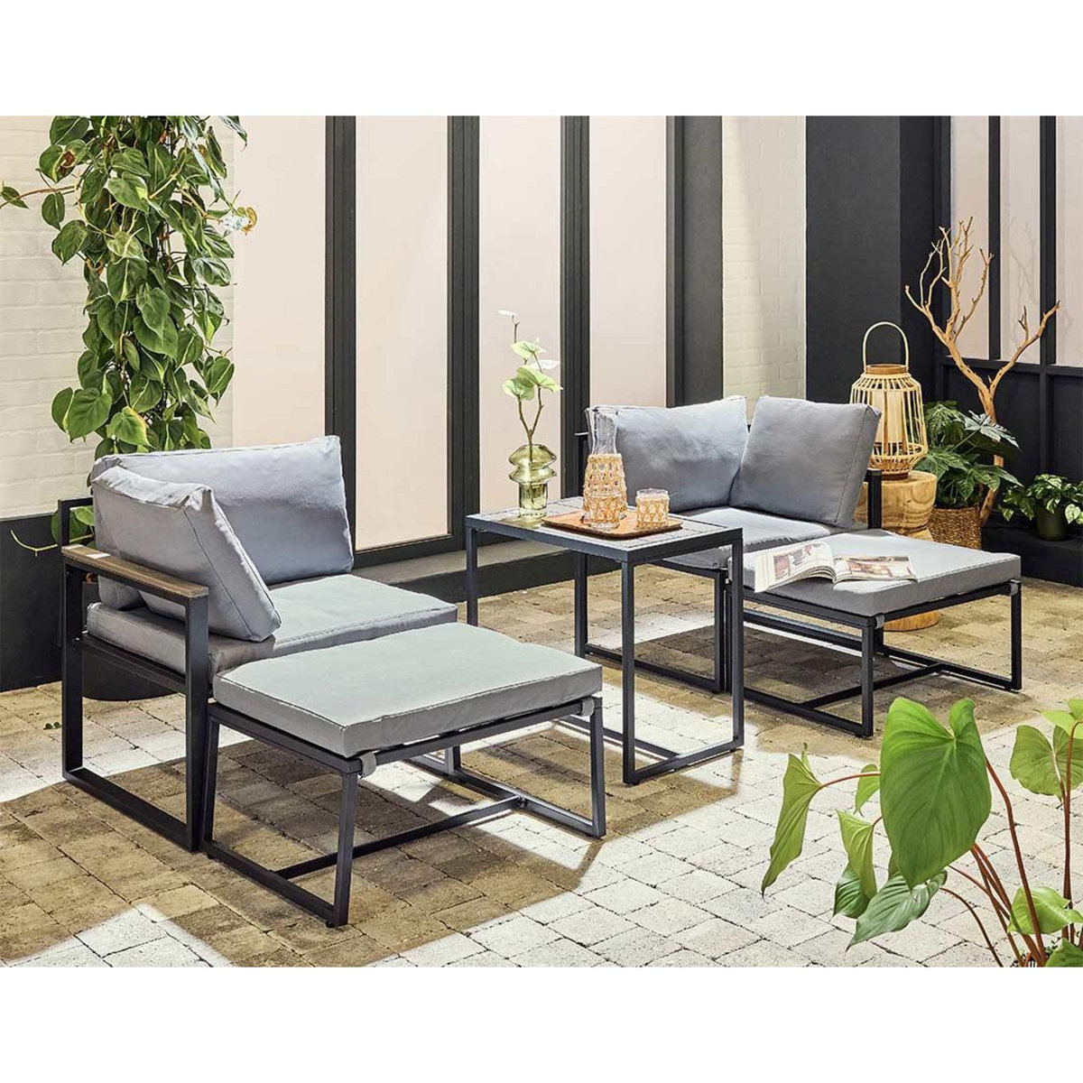 BEST MOBILIER Beyla – salon de jardin modulable en acier noir - 4 places - coussins gris