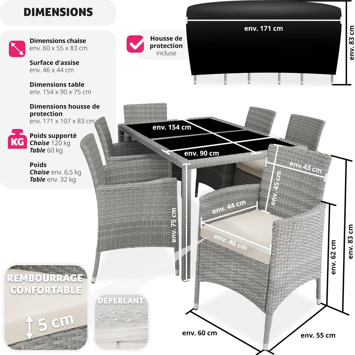 tectake Salon de jardin pour 6 personnes gris clair/crème