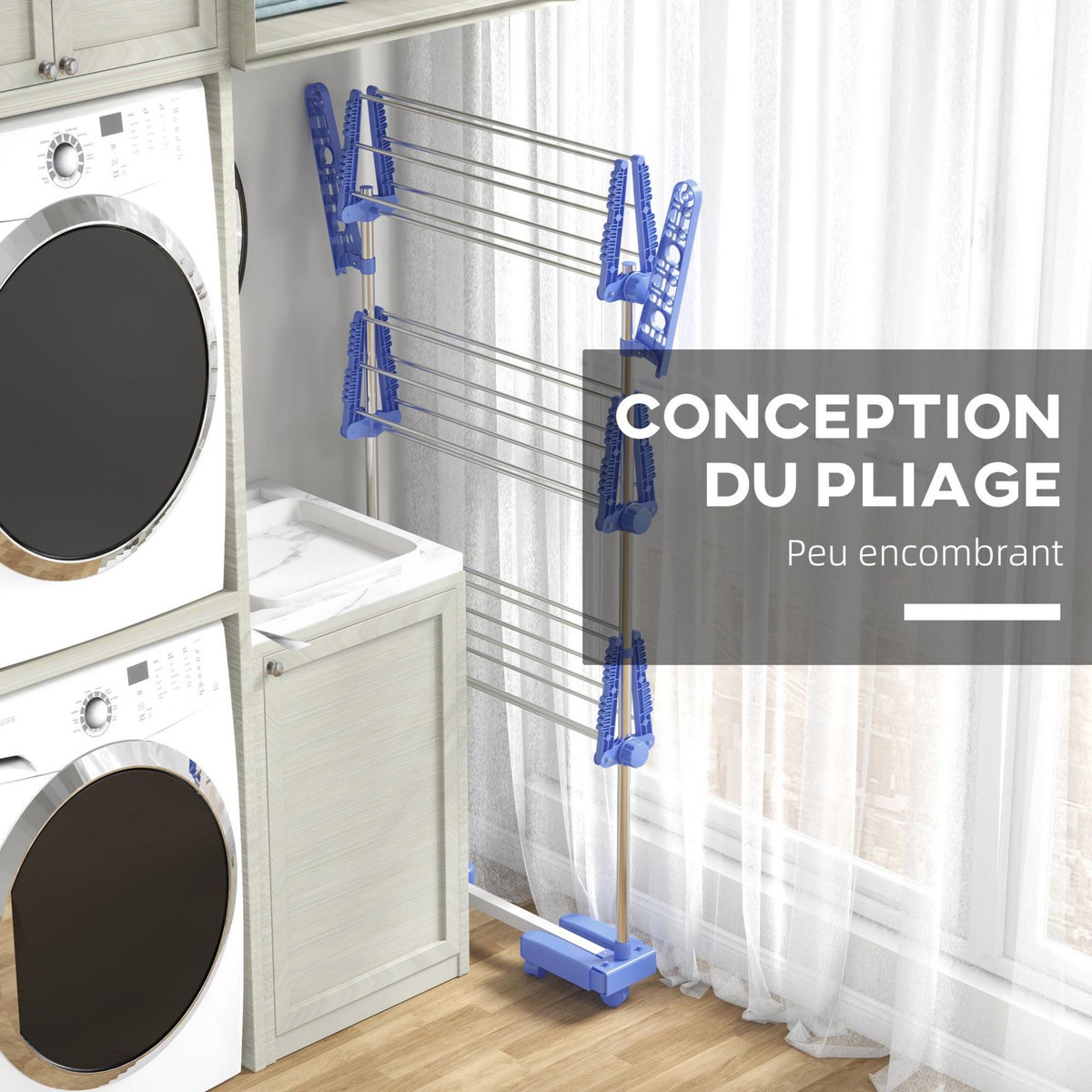 HOMCOM Séchoir à linge étendoir pliable ailes latérales 3 niveaux acier inox PP