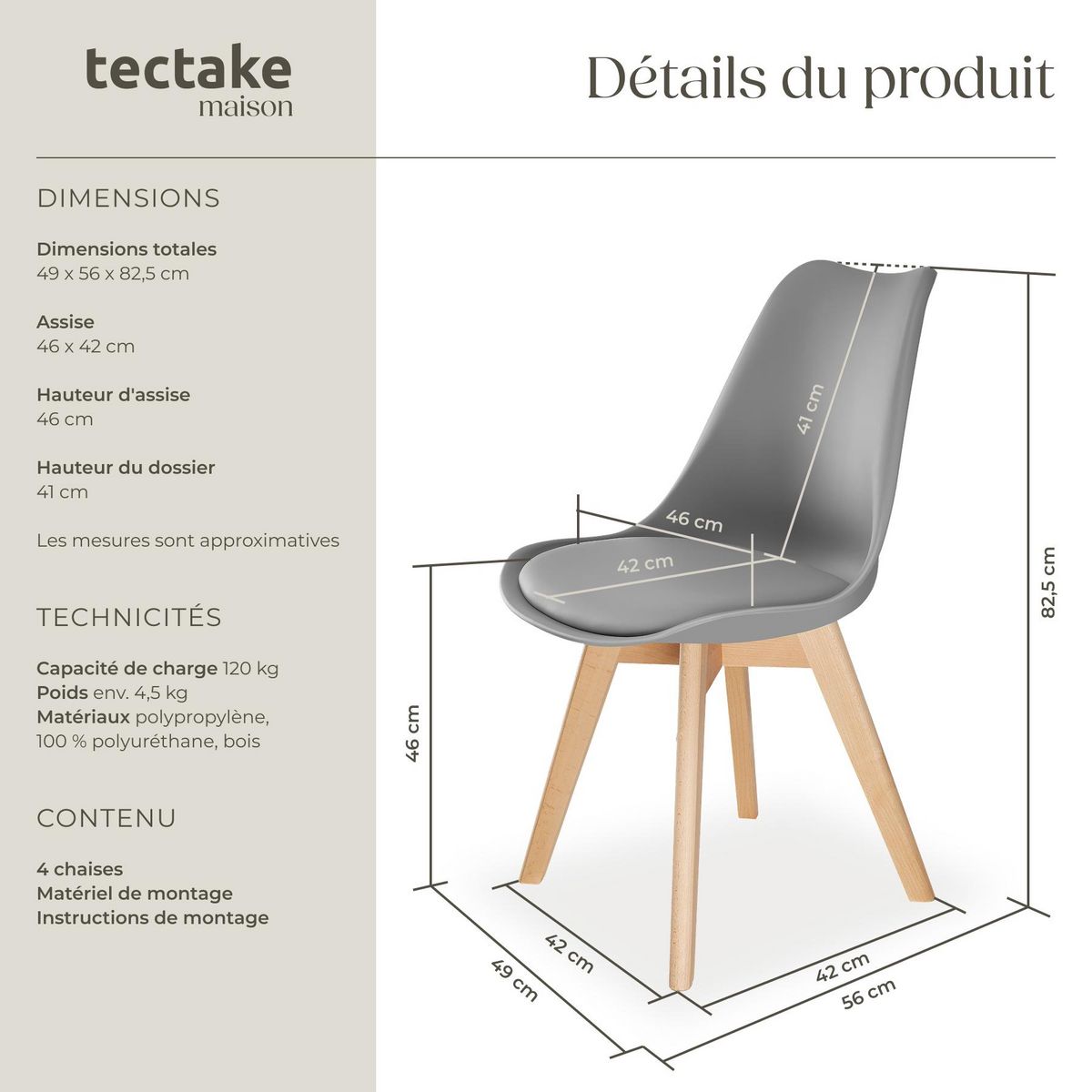 tectake Ensemble de chaises de salle à manger avec siège rembourré gris Lot de 4