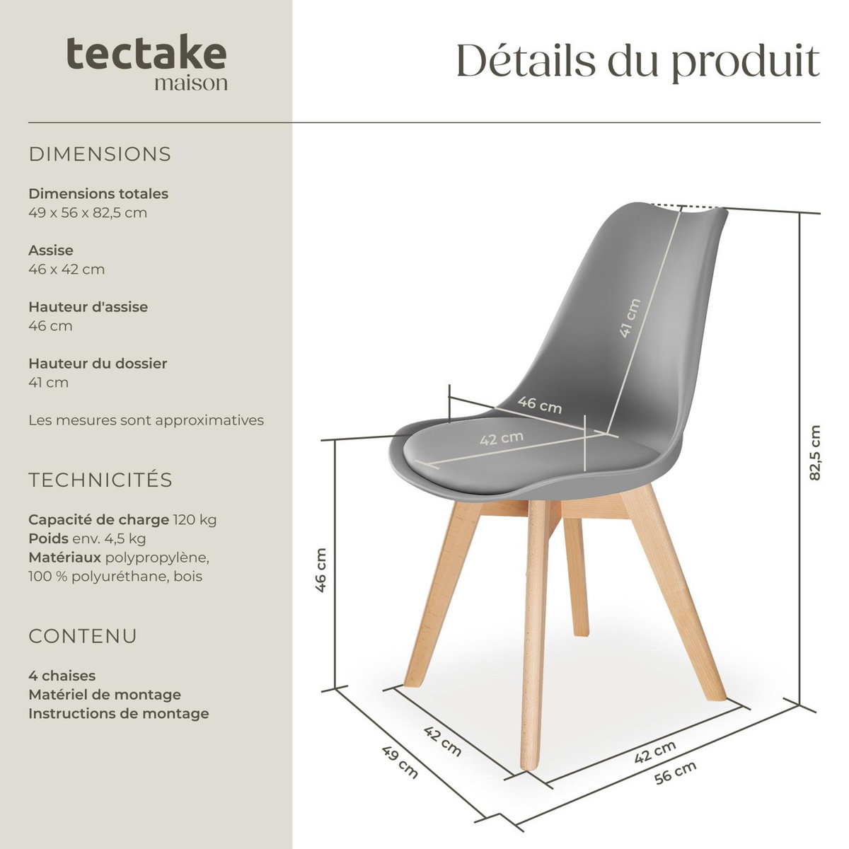 tectake Ensemble de chaises de salle à manger avec siège rembourré gris Lot de 4