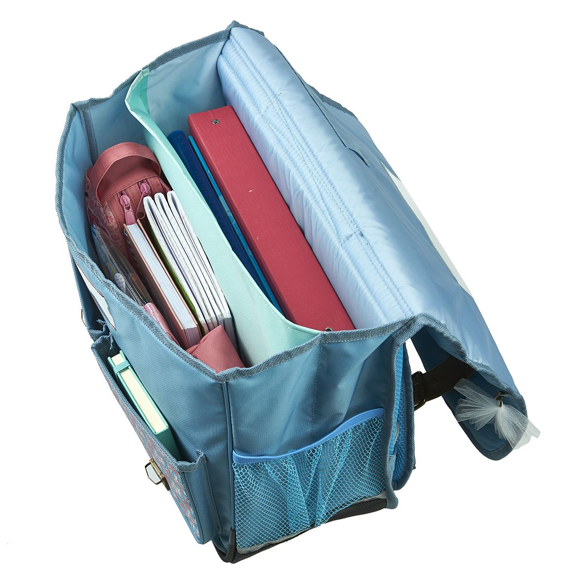 AUCHAN Cartable 38 cm CP/CE1/CE2 bleu motif fleurs avec leds