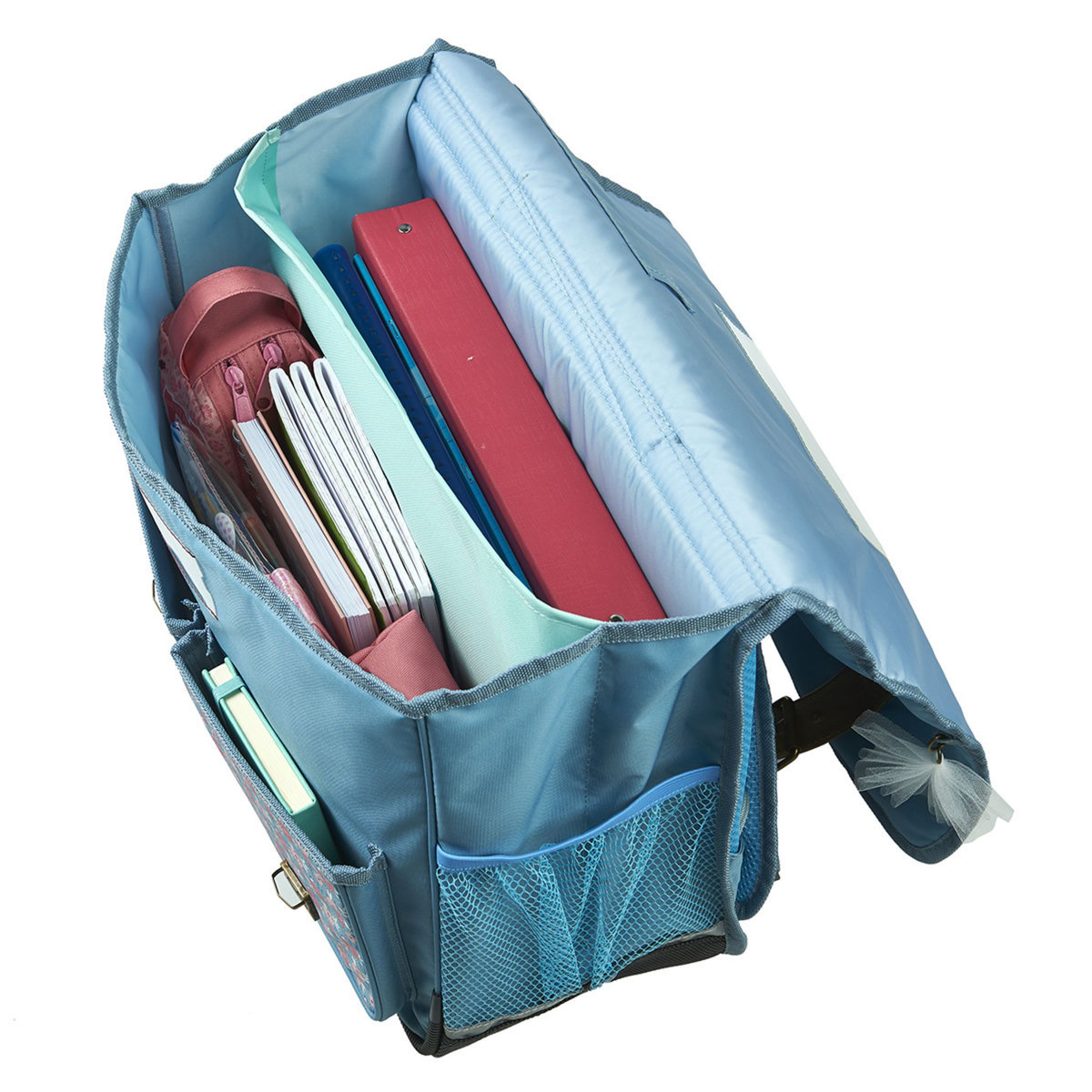 AUCHAN Cartable 38 cm CP/CE1/CE2 bleu motif fleurs avec leds