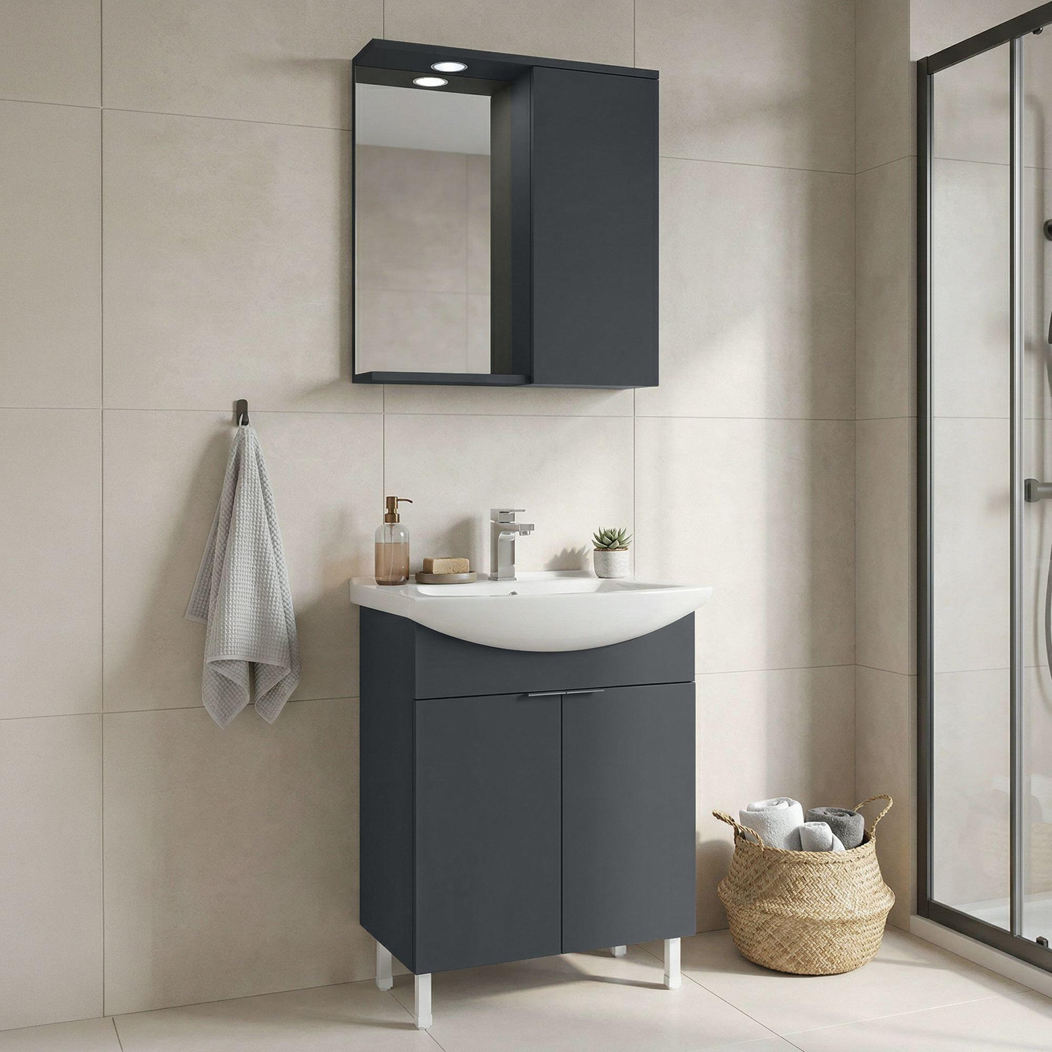 Voir la diapositive 2 : Habitat et Jardin Meuble avec simple vasque et miroir  Purus 65  - 65 x 50 x 83 cm - Matte Anthracite