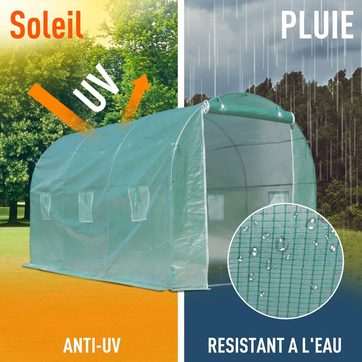 OUTSUNNY Serre de jardin tunnel surface sol 8 m² 4L x 2l x 2,10H m châssis tubulaire renforcé porte zippée 6 fenêtres enroulables vert