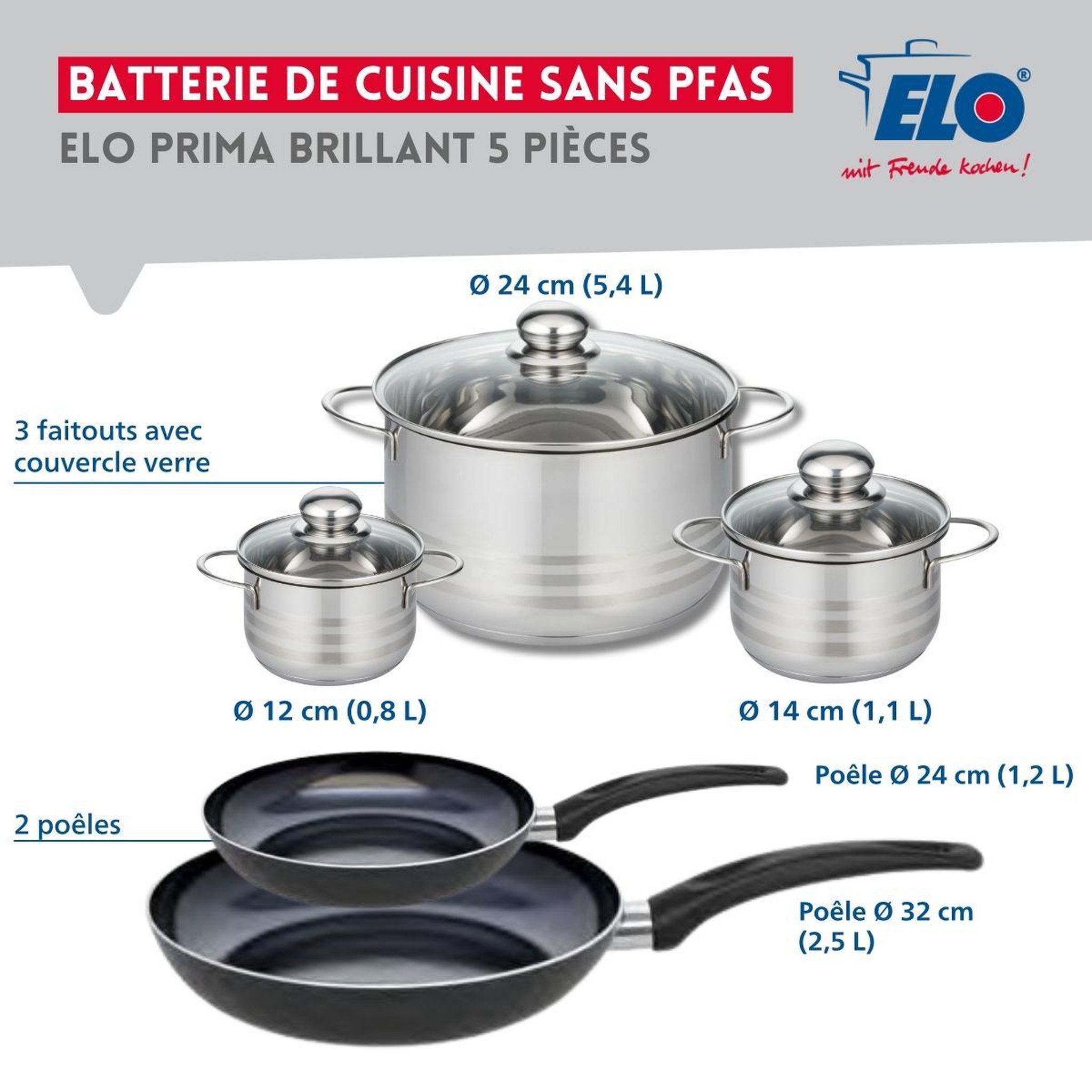 Voir la diapositive 2 : ELO Ensemble de 2 poêles de cuisson 24 et 32 cm et 3 faitouts 12, 14 et 24 cm elo prima brillant