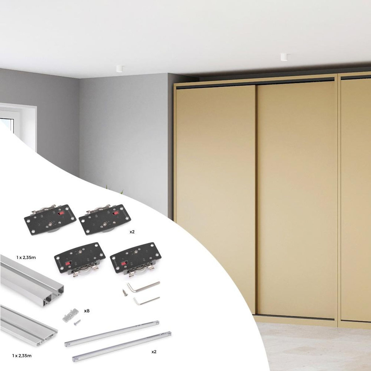 EMUCA SRL Système de montage en surface Flow 2 en kit pour une armoire avec 2 portes coulissantes en bois avec fermeture souple.