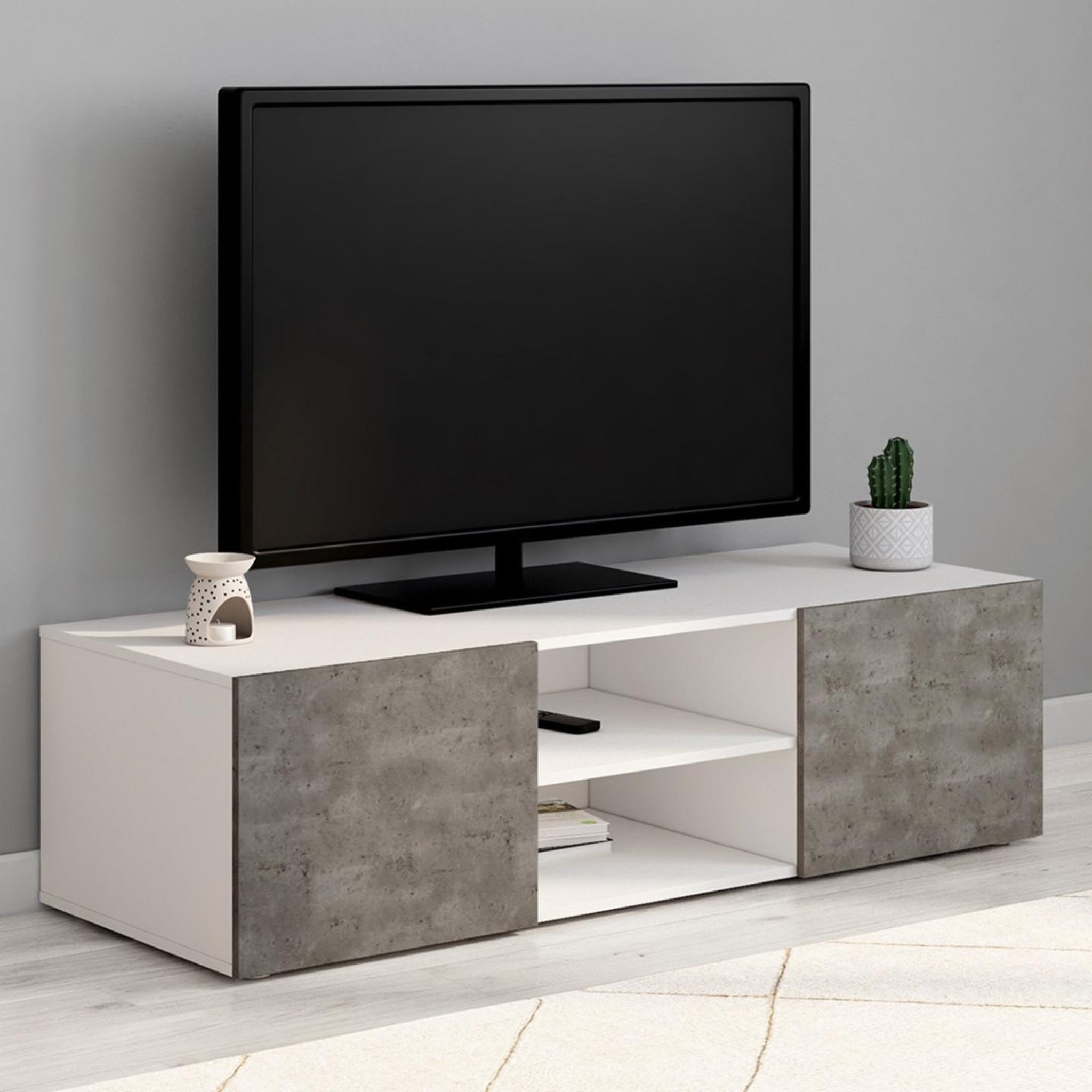 Voir la diapositive 2 : ID MARKET Meuble TV 113 cm ELI blanc portes effet béton