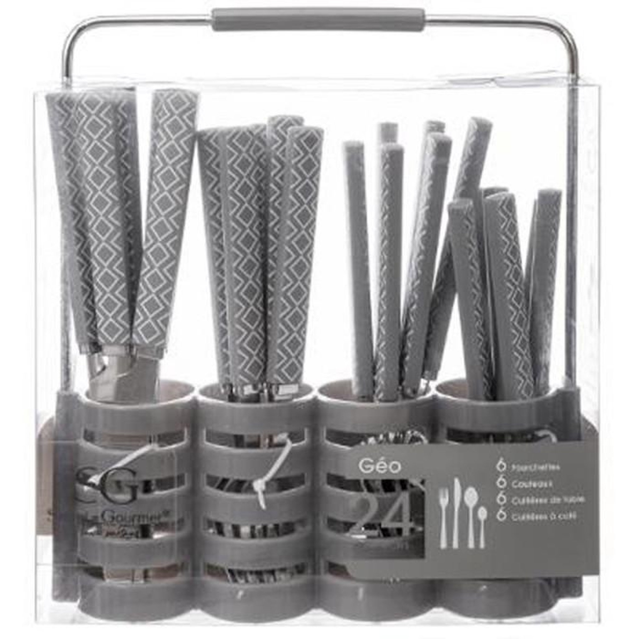 Voir la diapositive 2 : SECRET DE GOURMET Ménagère 24 Pièces Avec Rack  Géo  24cm Gris
