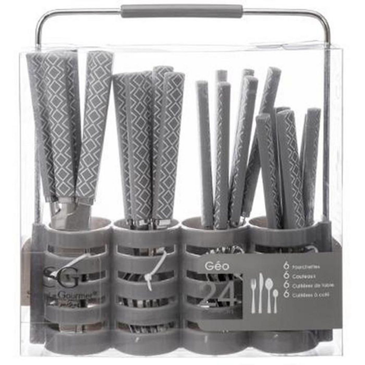 SECRET DE GOURMET Ménagère 24 Pièces Avec Rack  Géo  24cm Gris
