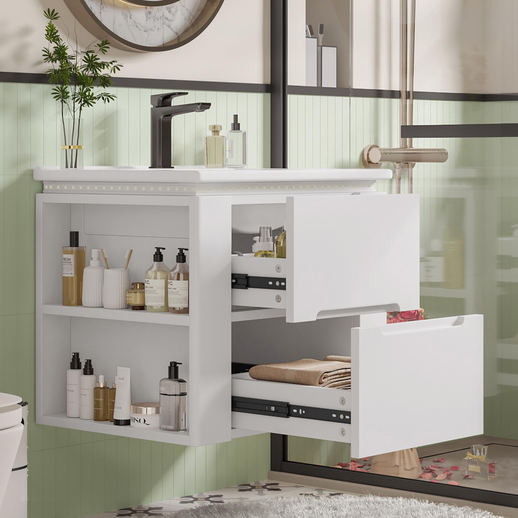 Voir la diapositive 3 : MERAX Meuble De Salle De Bain Vasque 2 Tiroirs, 2 Étagères Et LED Blanc