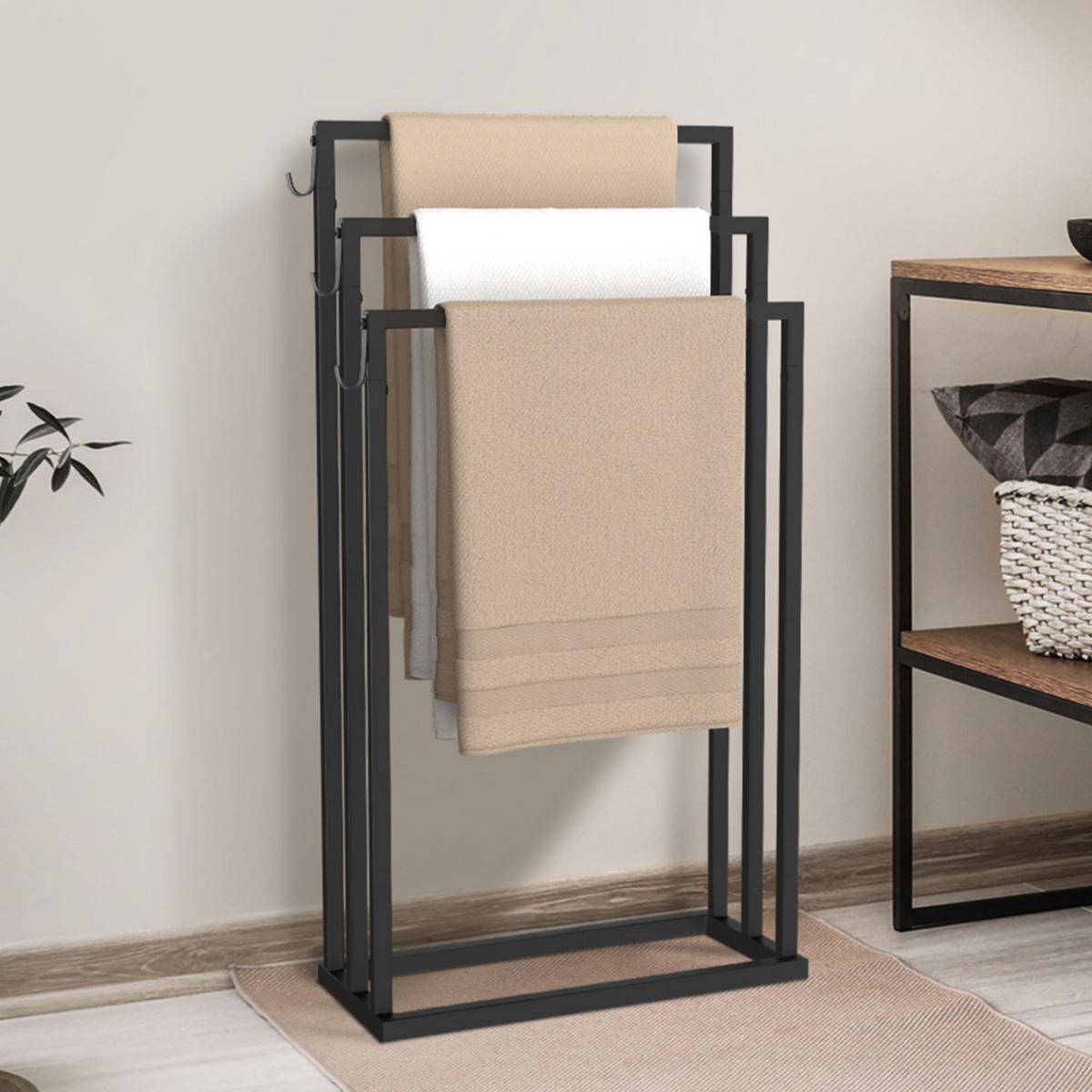 ID MARKET Porte-serviettes sur pied 3 niveaux DALLAS métal noir design industriel