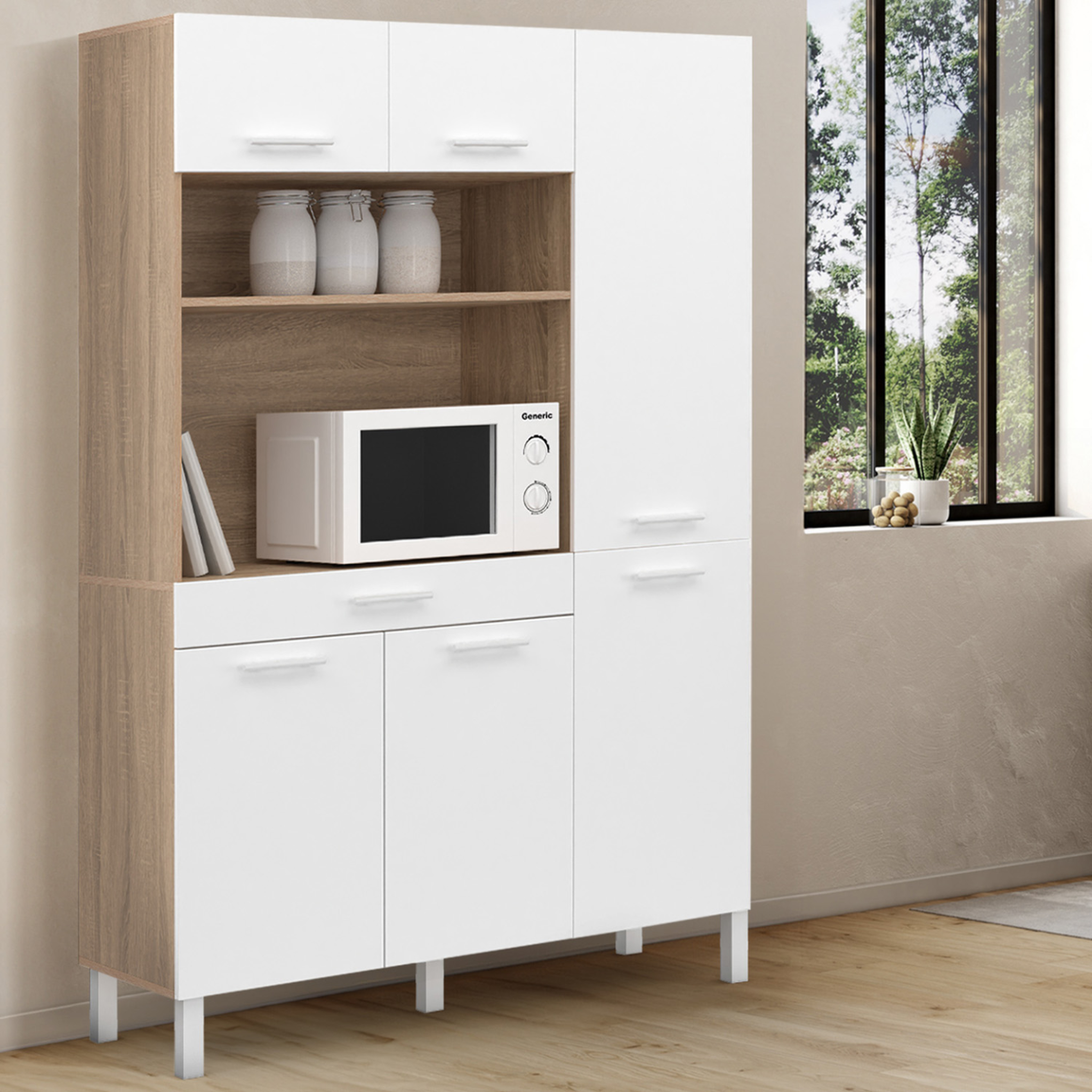 Voir la diapositive 2 : ID MARKET Buffet de cuisine avec colonne de rangement 120 cm cina 6 portes + tiroir façon hêtre et blanc