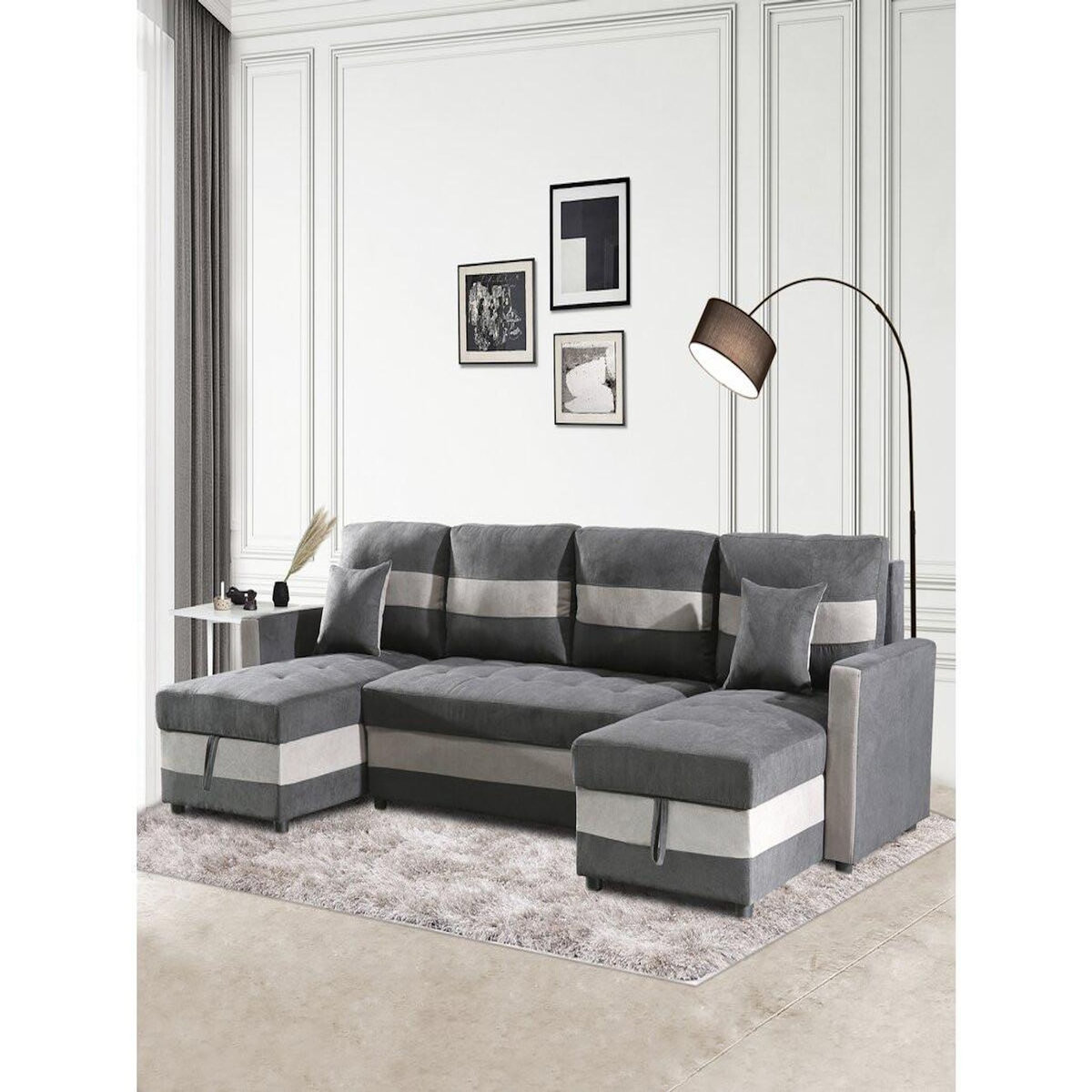 Habitat et Jardin Canapé panoramique convertible avec coffres de rangement  Antoine  - 5 places - Gris foncé/ Gris clair